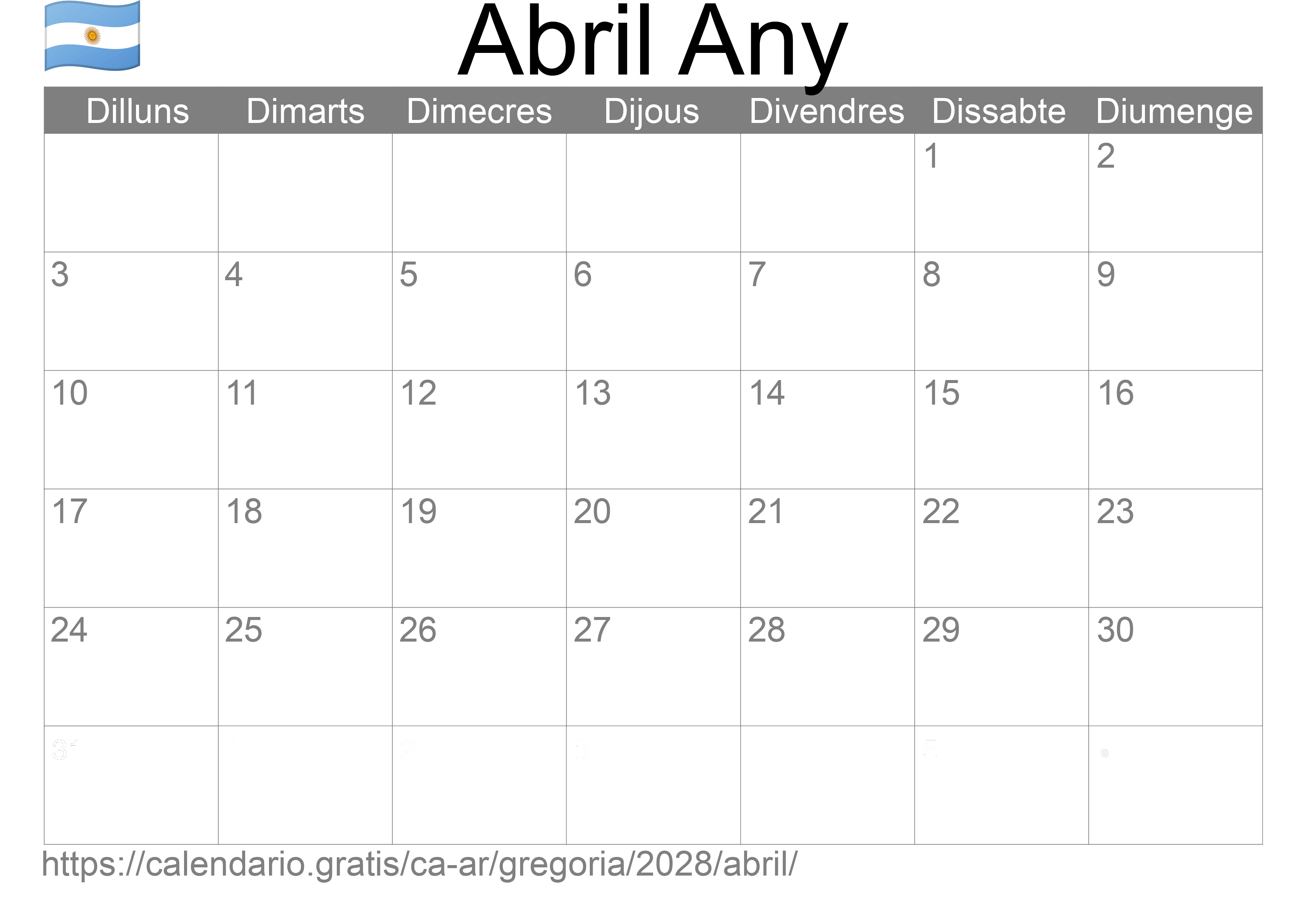 Calendari Abril 2028 per imprimir