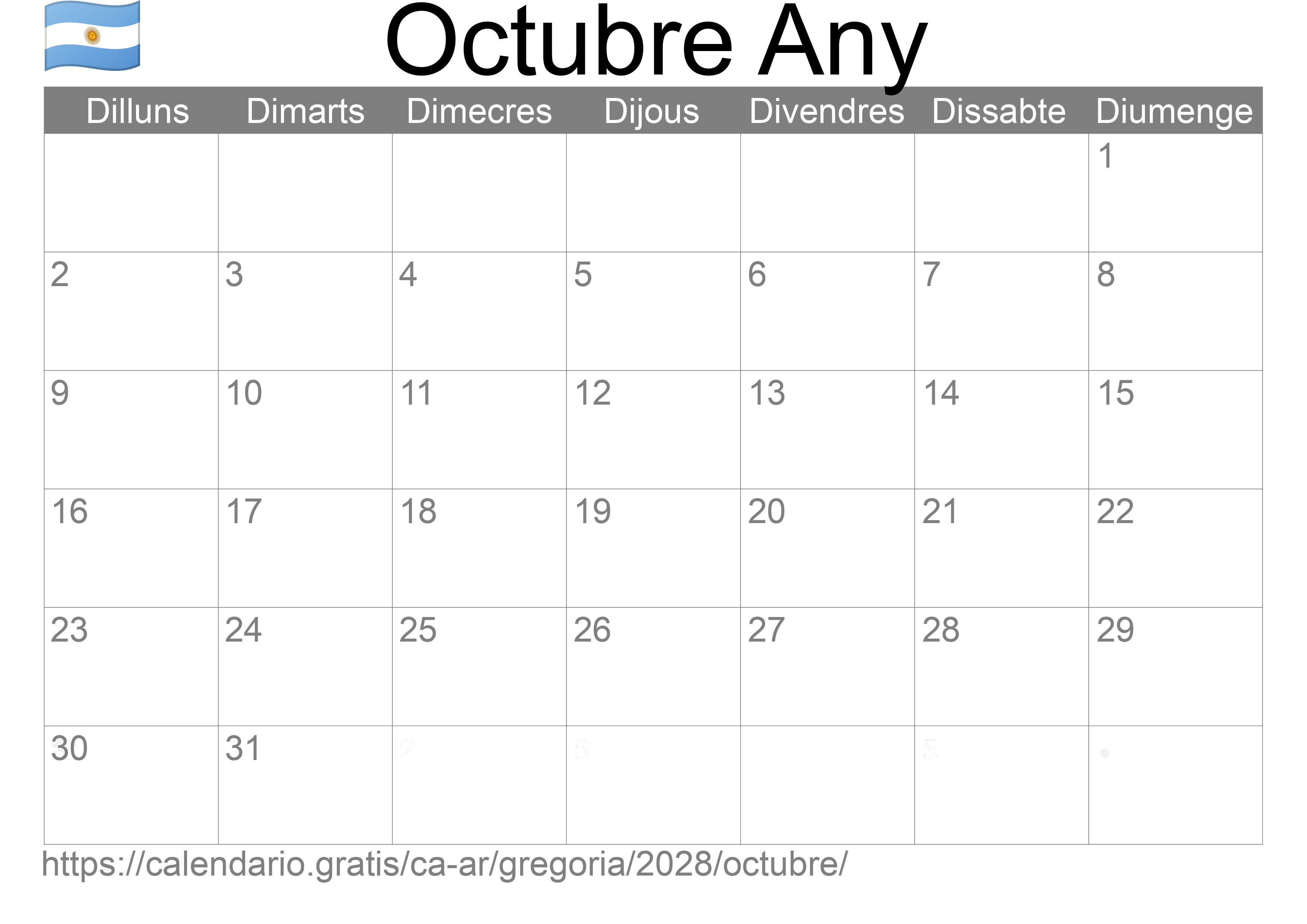 Calendari Octubre 2028 per imprimir