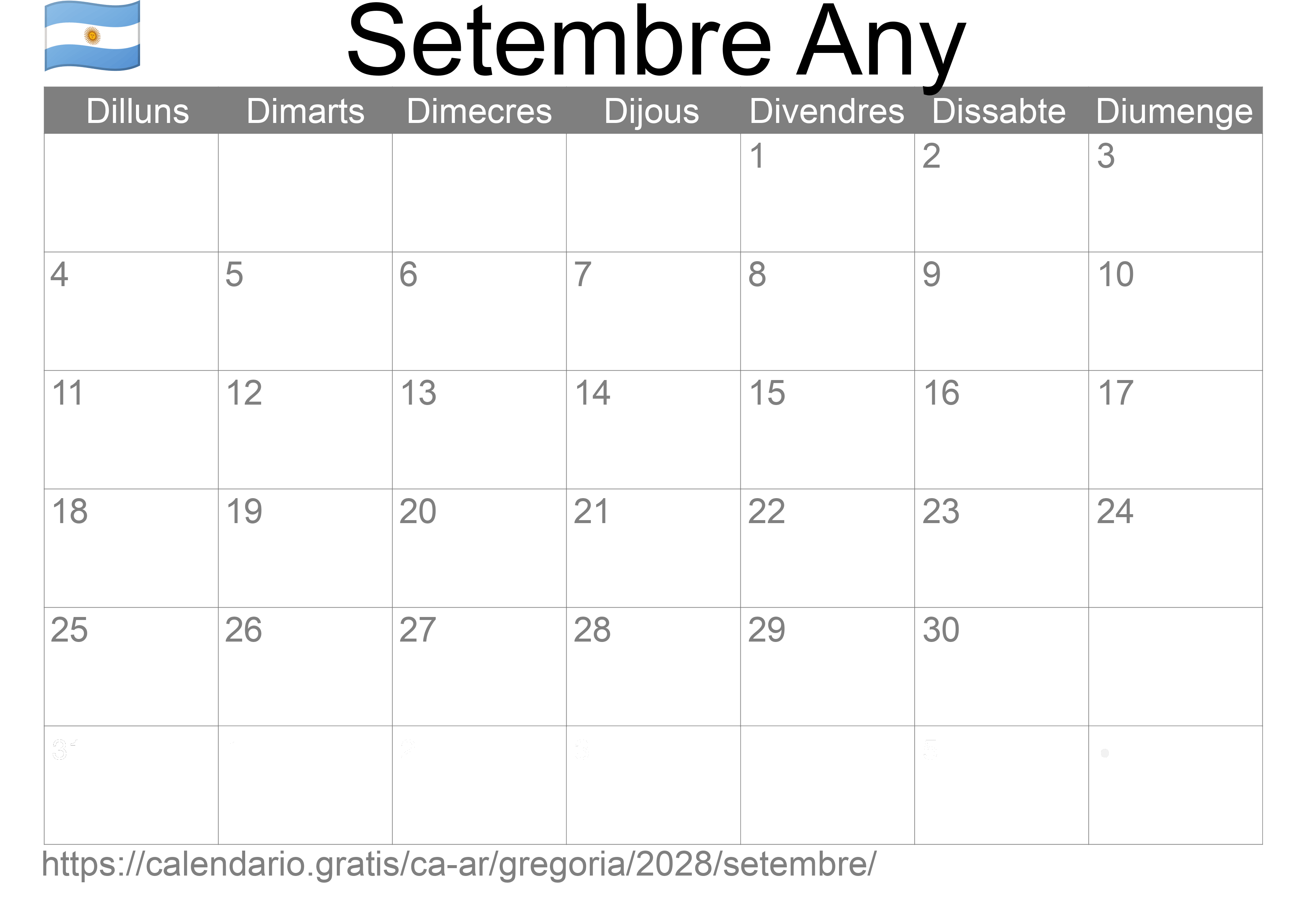 Calendari Setembre 2028 per imprimir