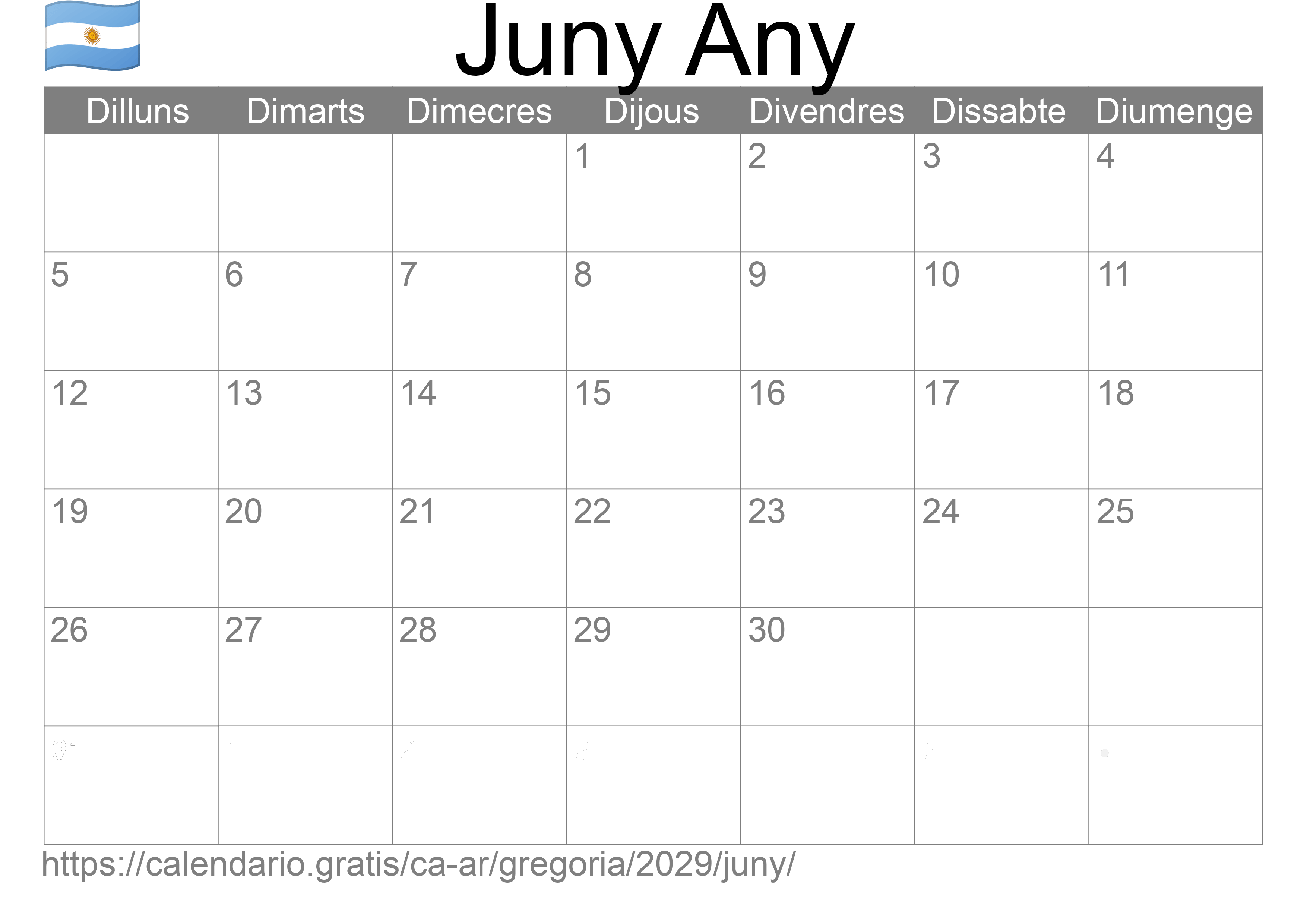 Calendari Juny 2029 per imprimir