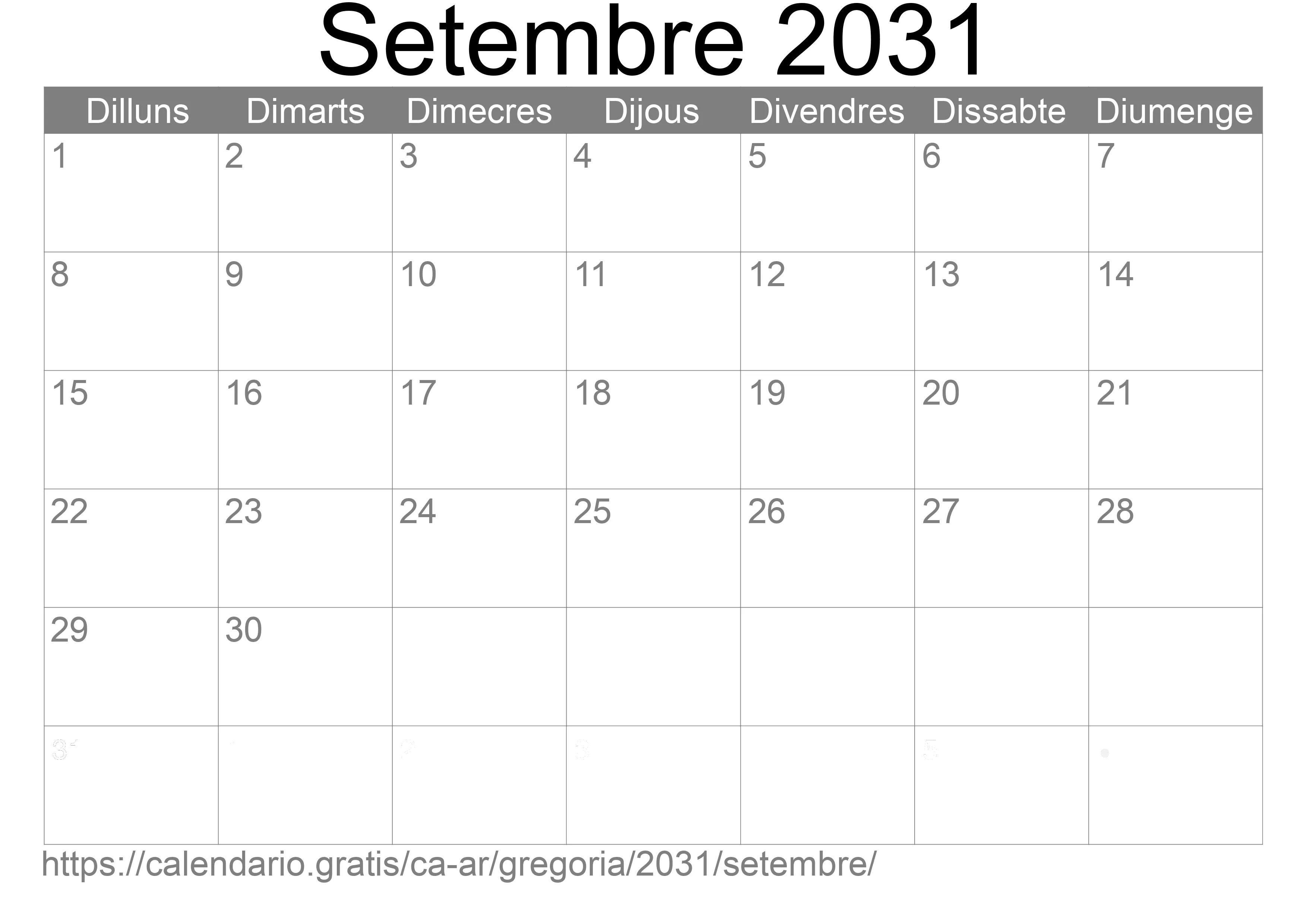 Calendari Setembre 2031 per imprimir (Argentina)