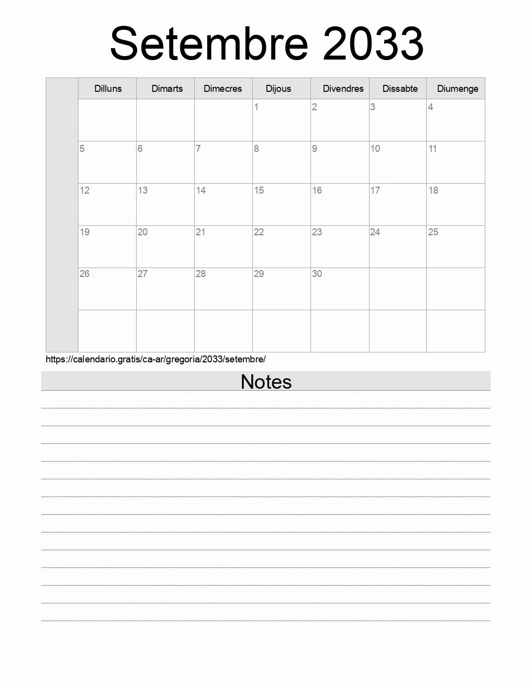 Calendari de Setembre 2033 per imprimir amb notes. (Argentina)