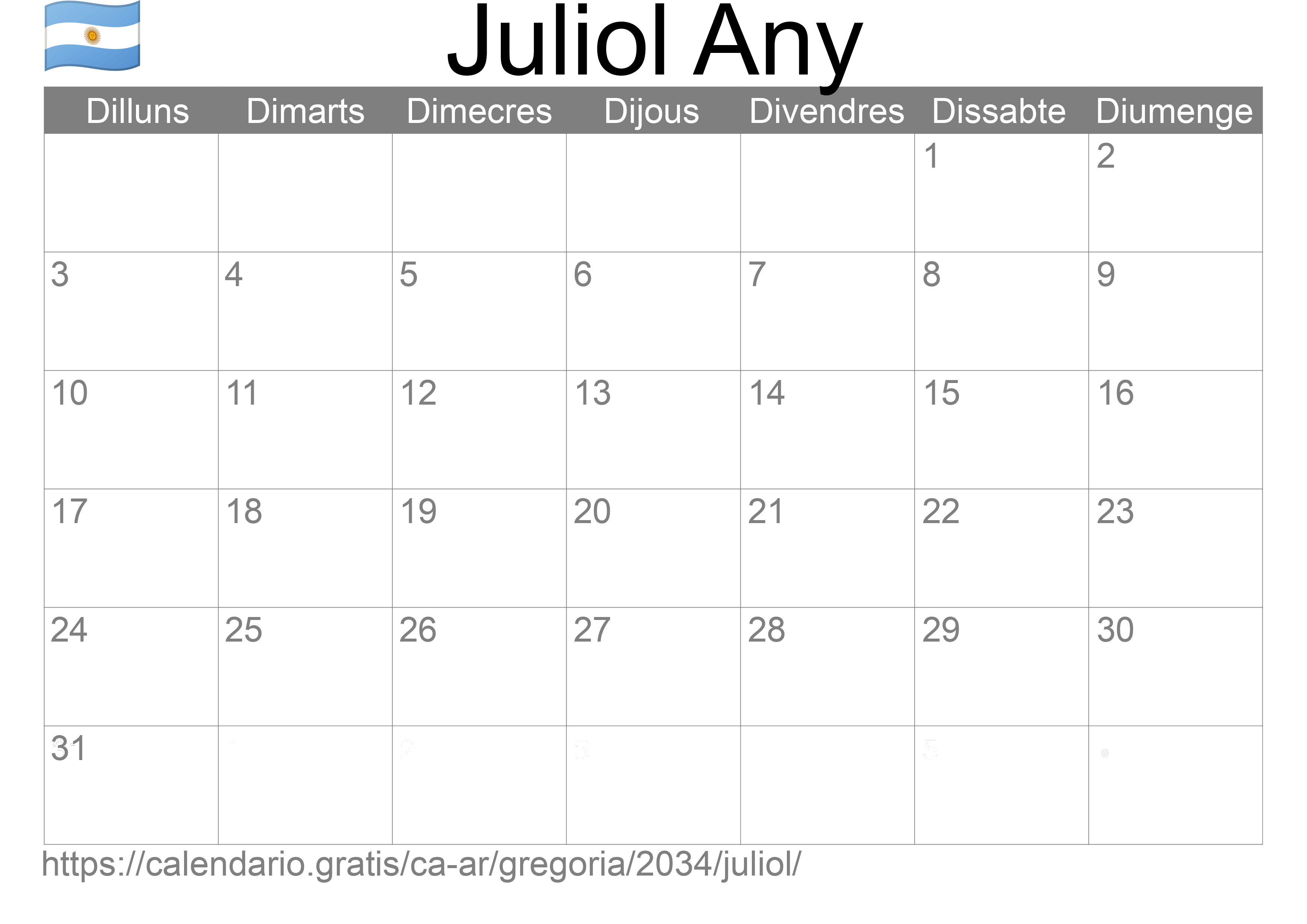 Calendari Juliol 2034 per imprimir