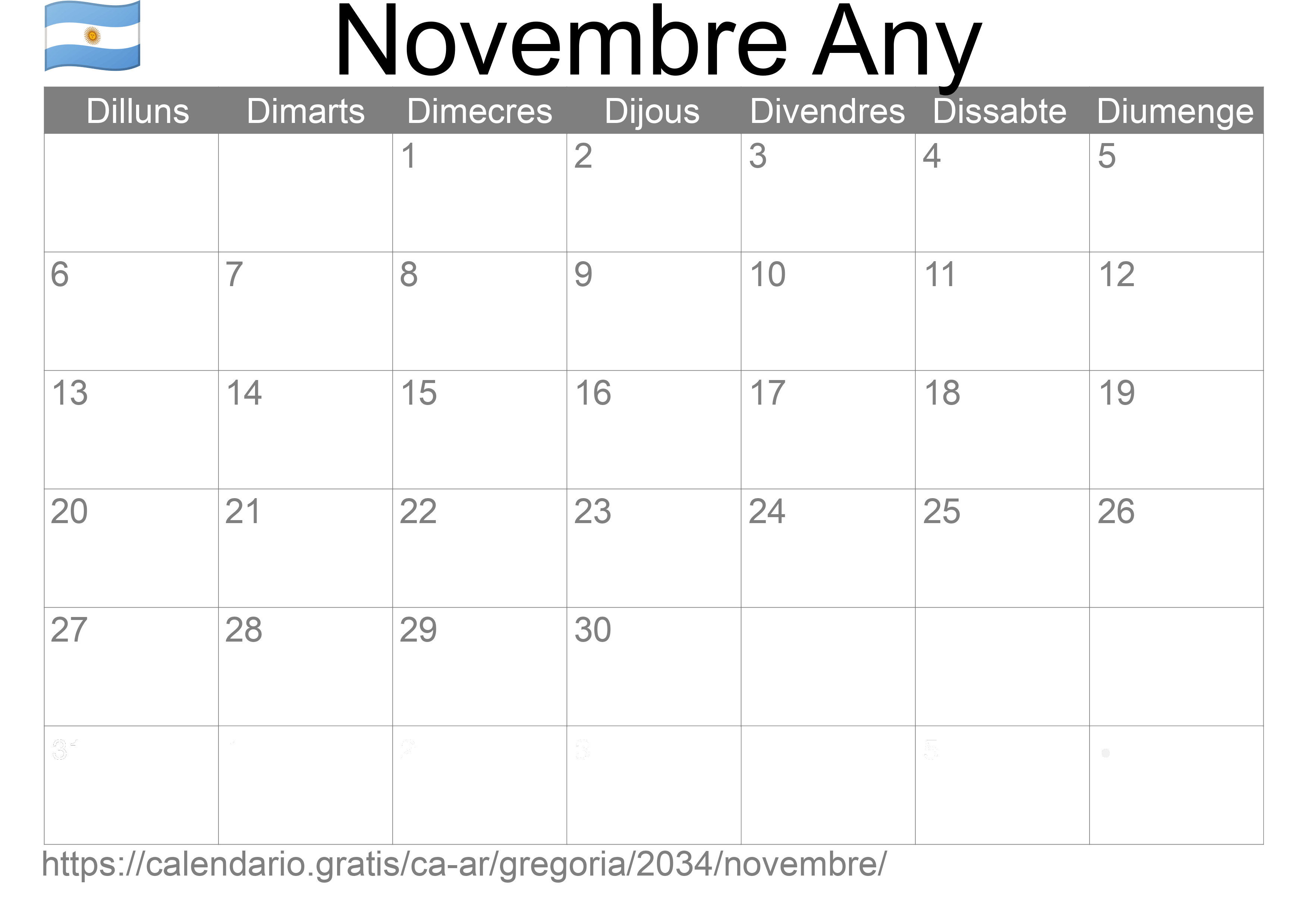 Calendari Novembre 2034 per imprimir