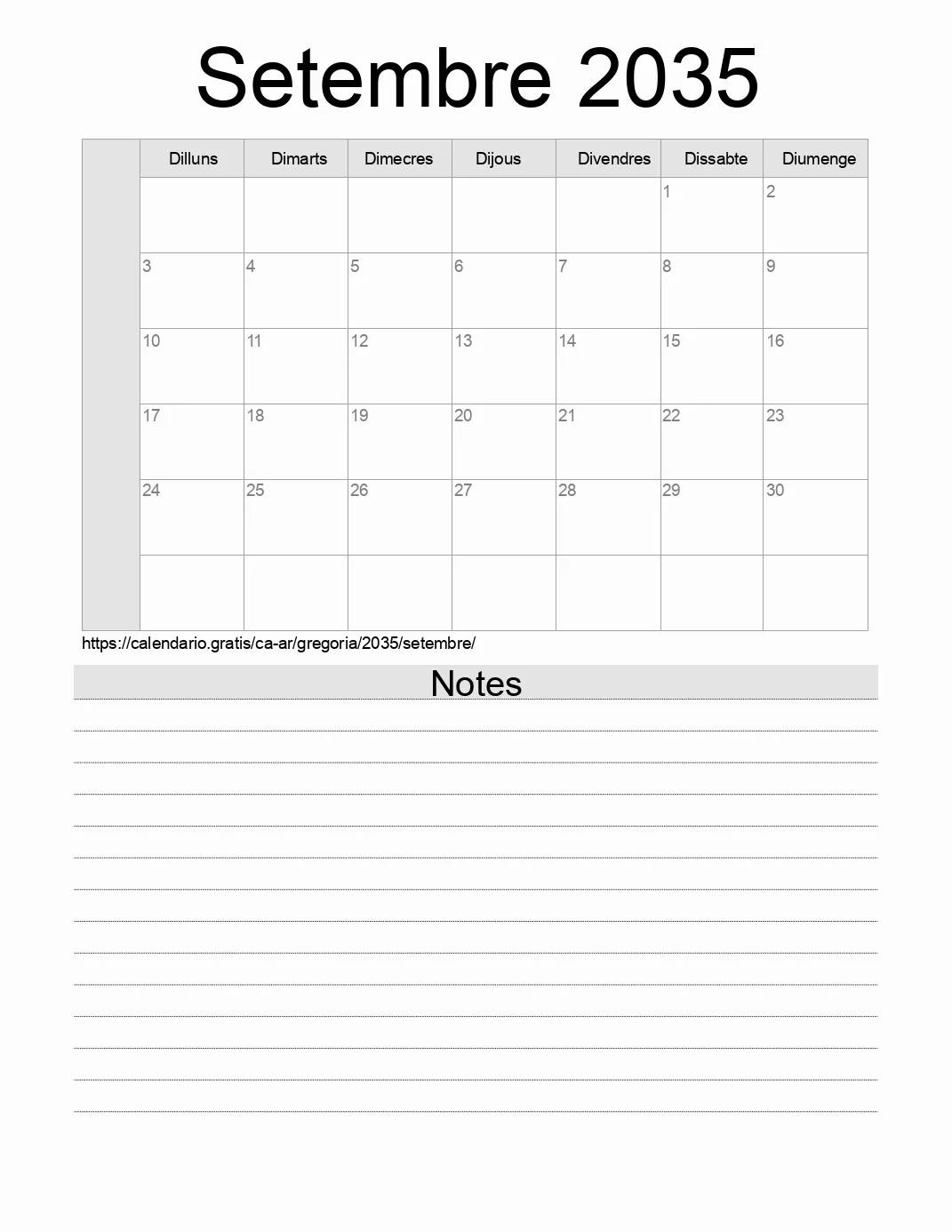 Calendari de Setembre 2035 per imprimir amb notes. (Argentina)