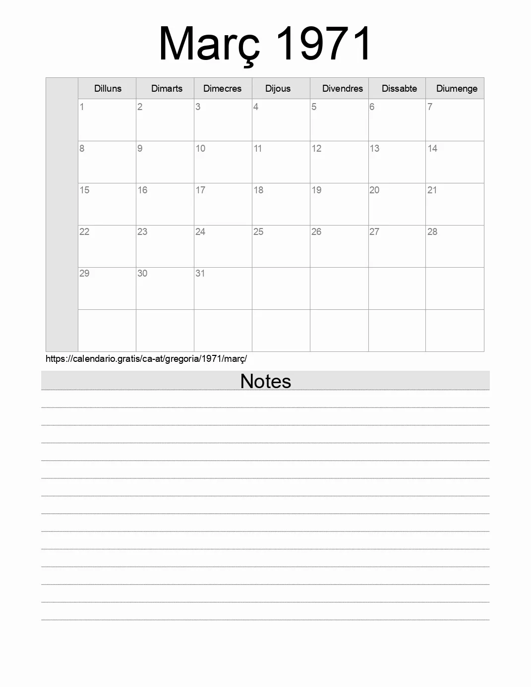 Calendari de Març 1971 per imprimir amb notes. (Àustria) Calendari de Març 1971 per imprimir amb notes. (Àustria)