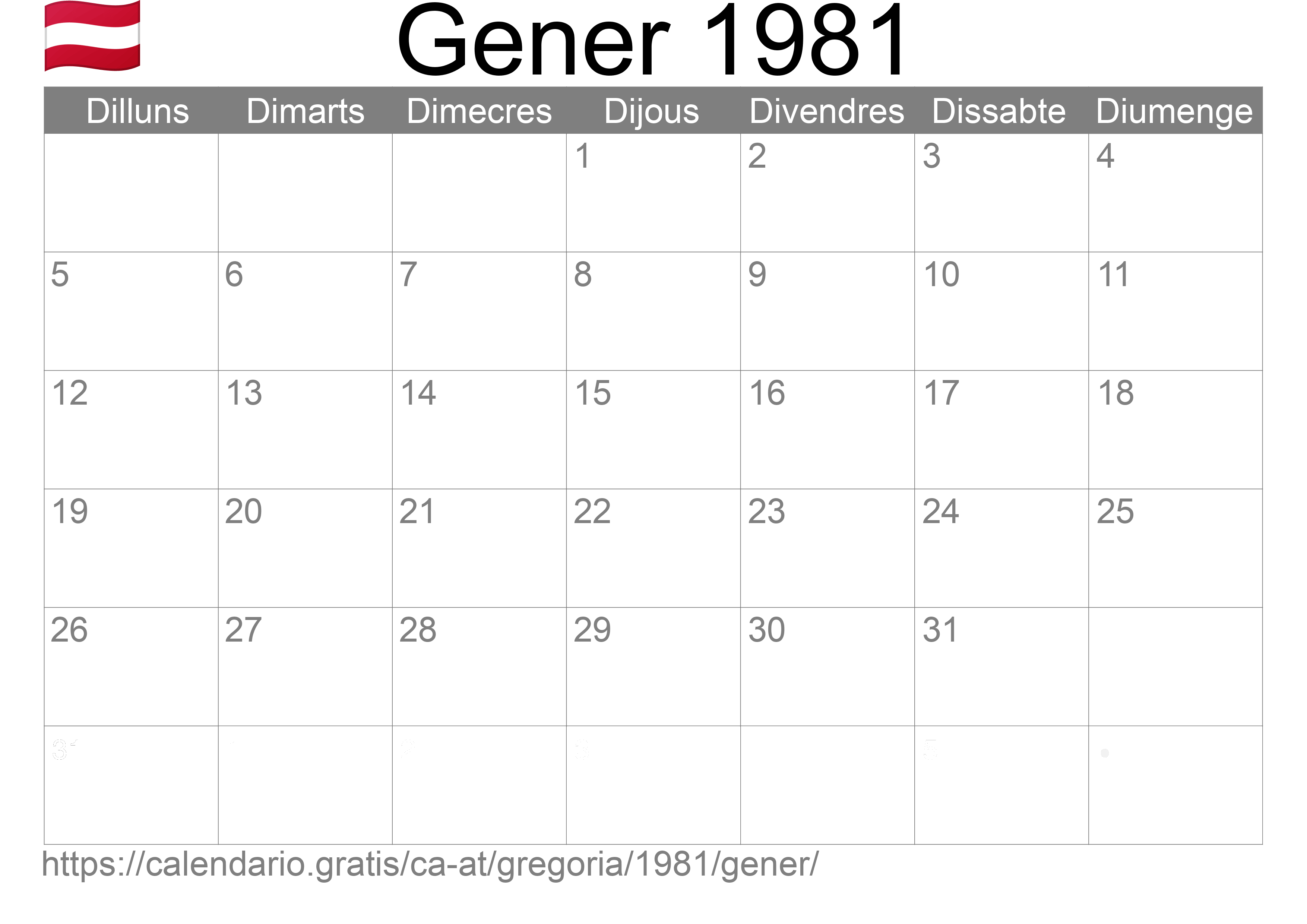 Calendari Gener 1981 per imprimir