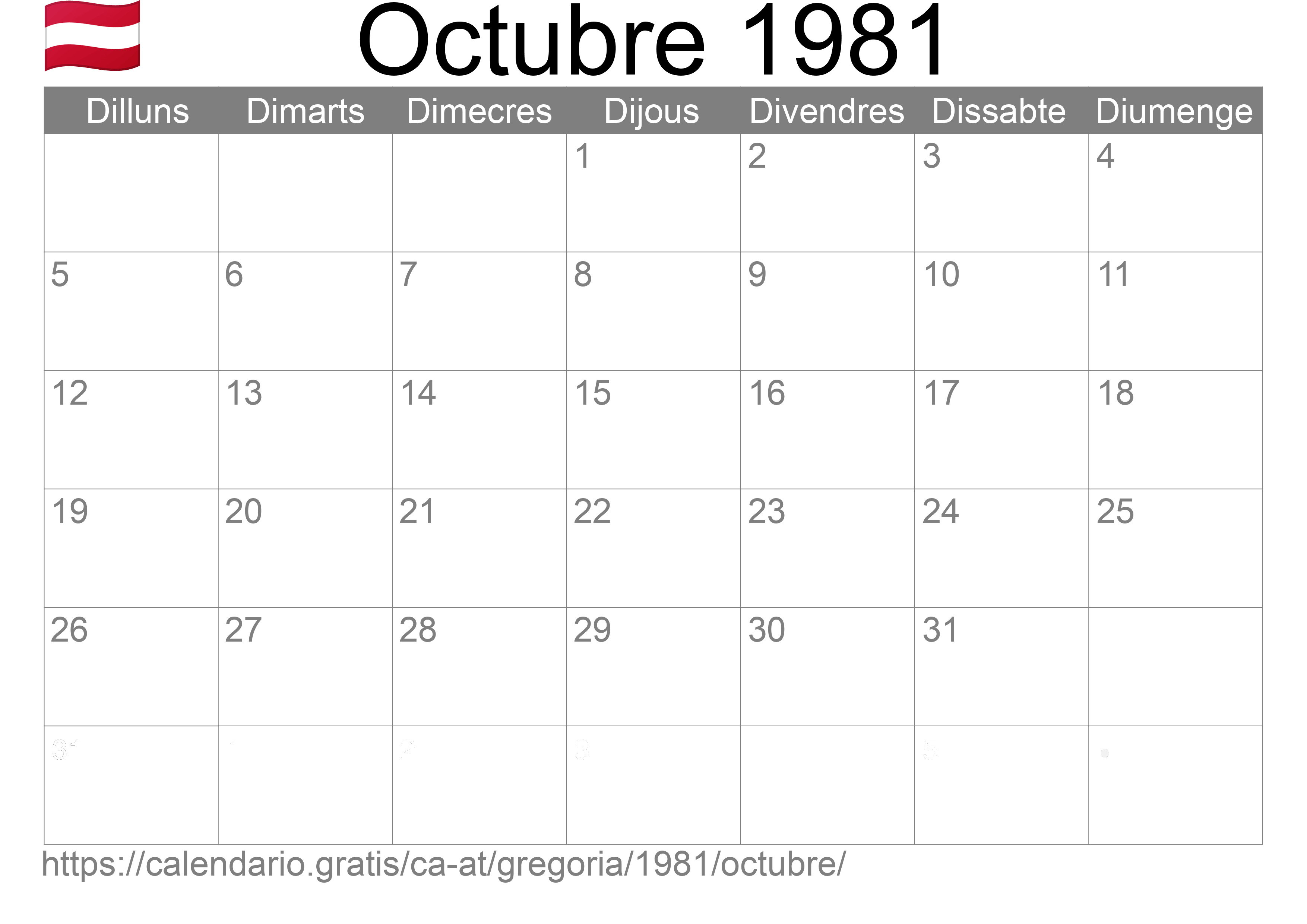 Calendari Octubre 1981 per imprimir