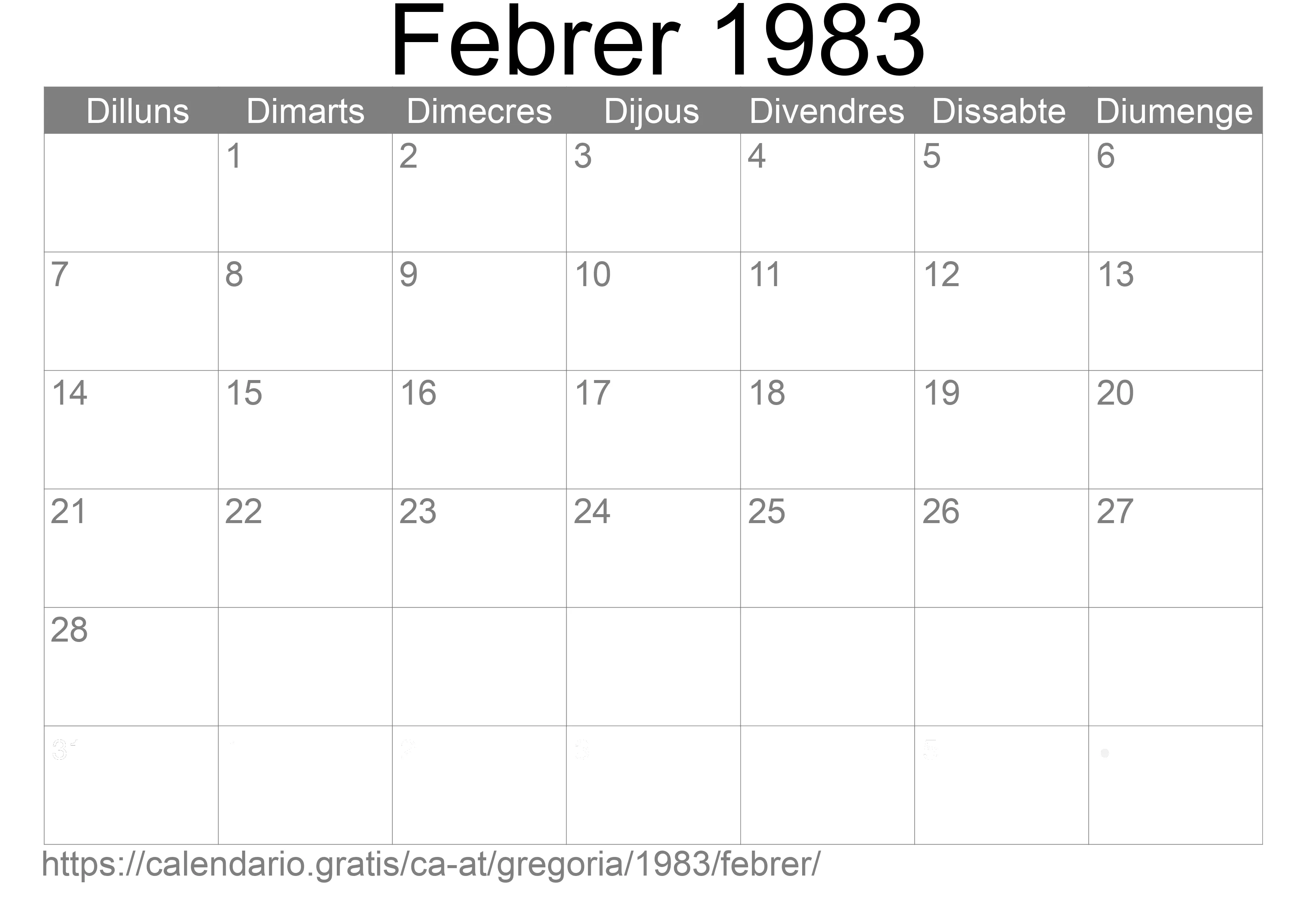 Calendari Febrer 1983 per imprimir (Àustria)