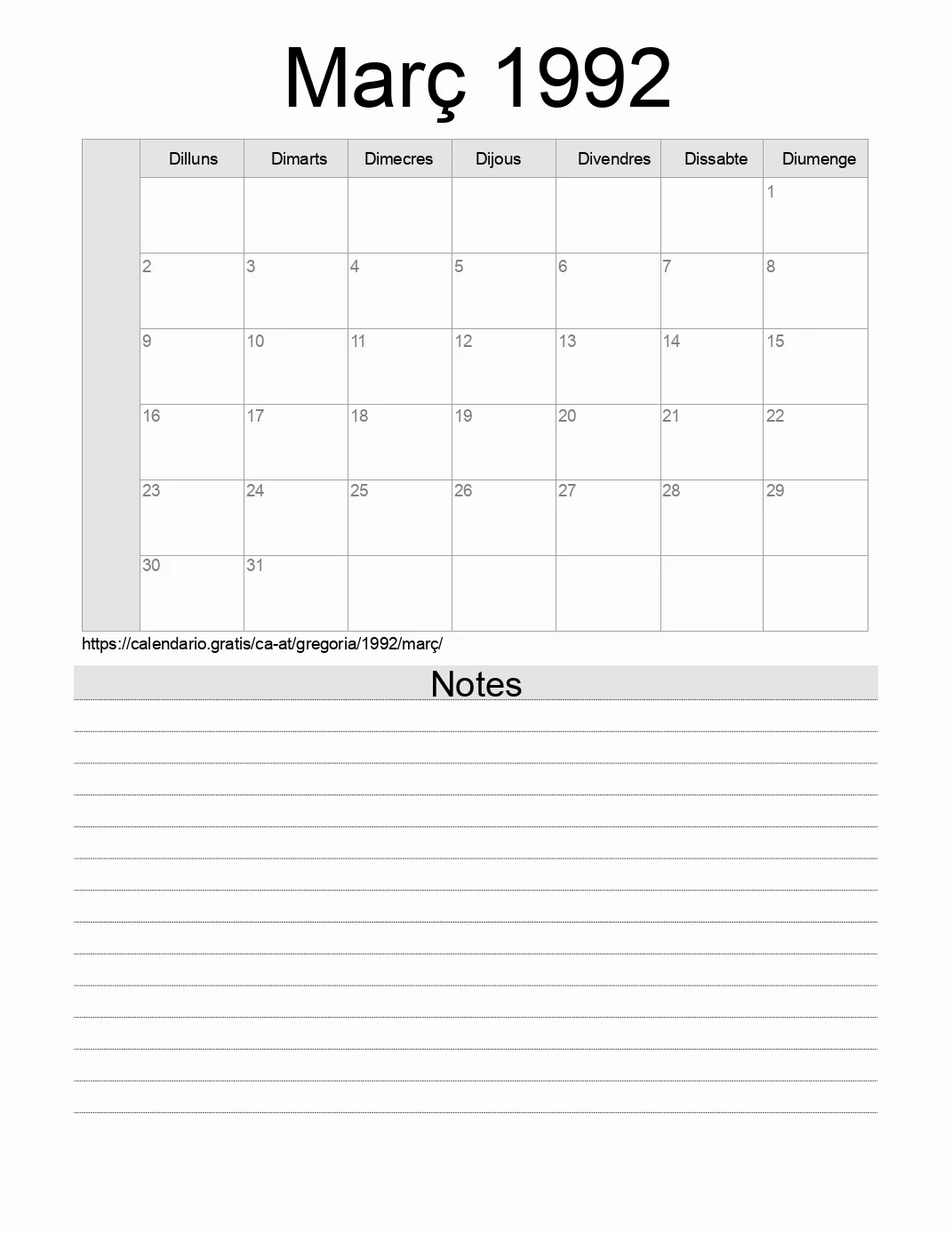 Calendari de Març 1992 per imprimir amb notes. (Àustria) Calendari de Març 1992 per imprimir amb notes. (Àustria)