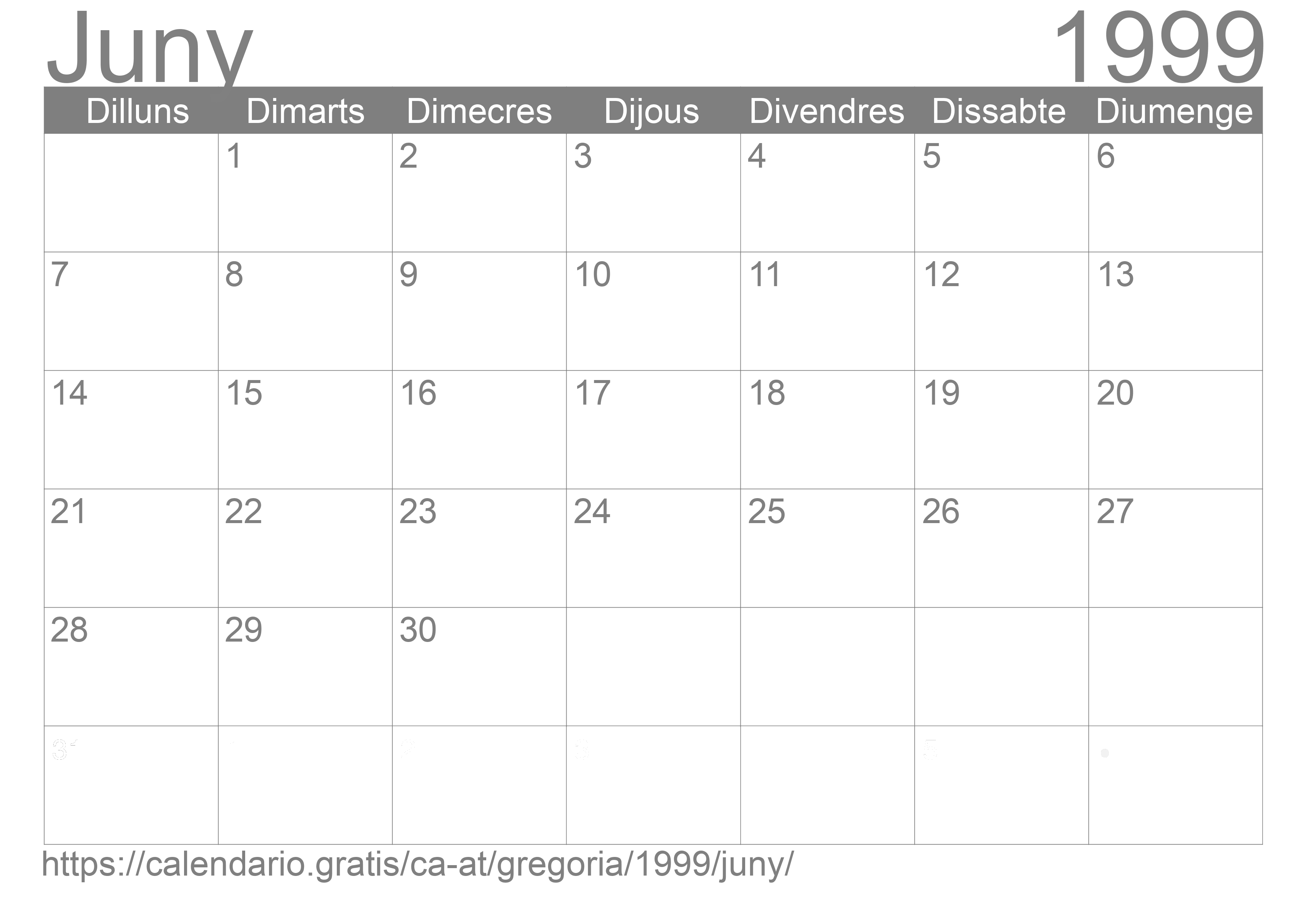 Calendari Juny 1999 per imprimir