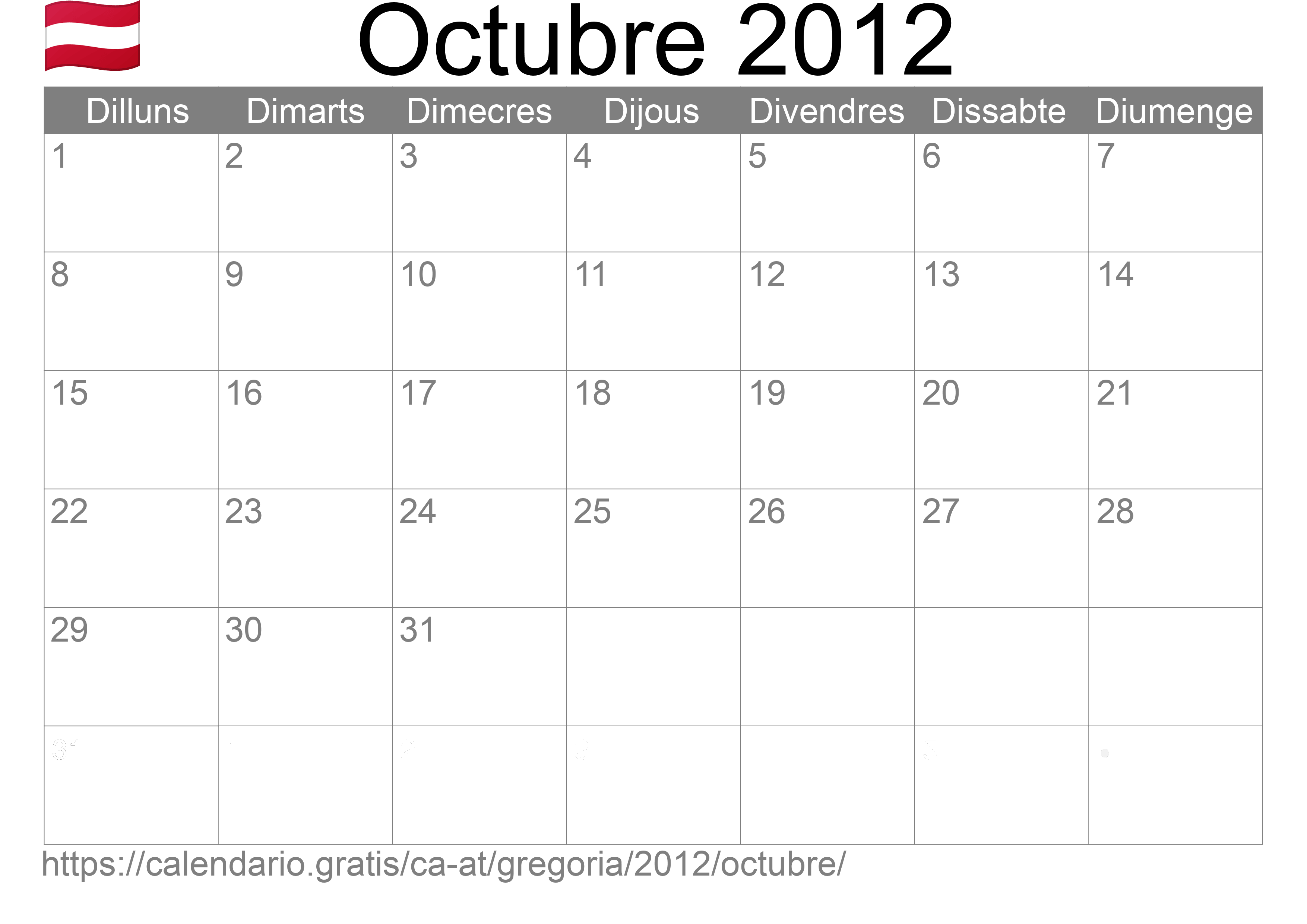 Calendari Octubre 2012 per imprimir