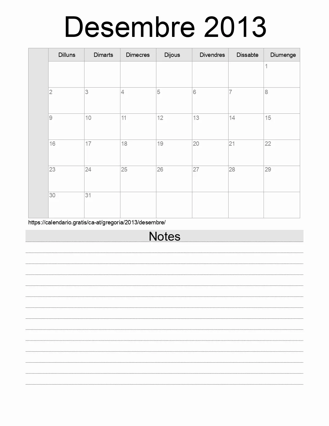 Calendari de Desembre 2013 per imprimir amb notes. (Àustria) Calendari de Desembre 2013 per imprimir amb notes. (Àustria)