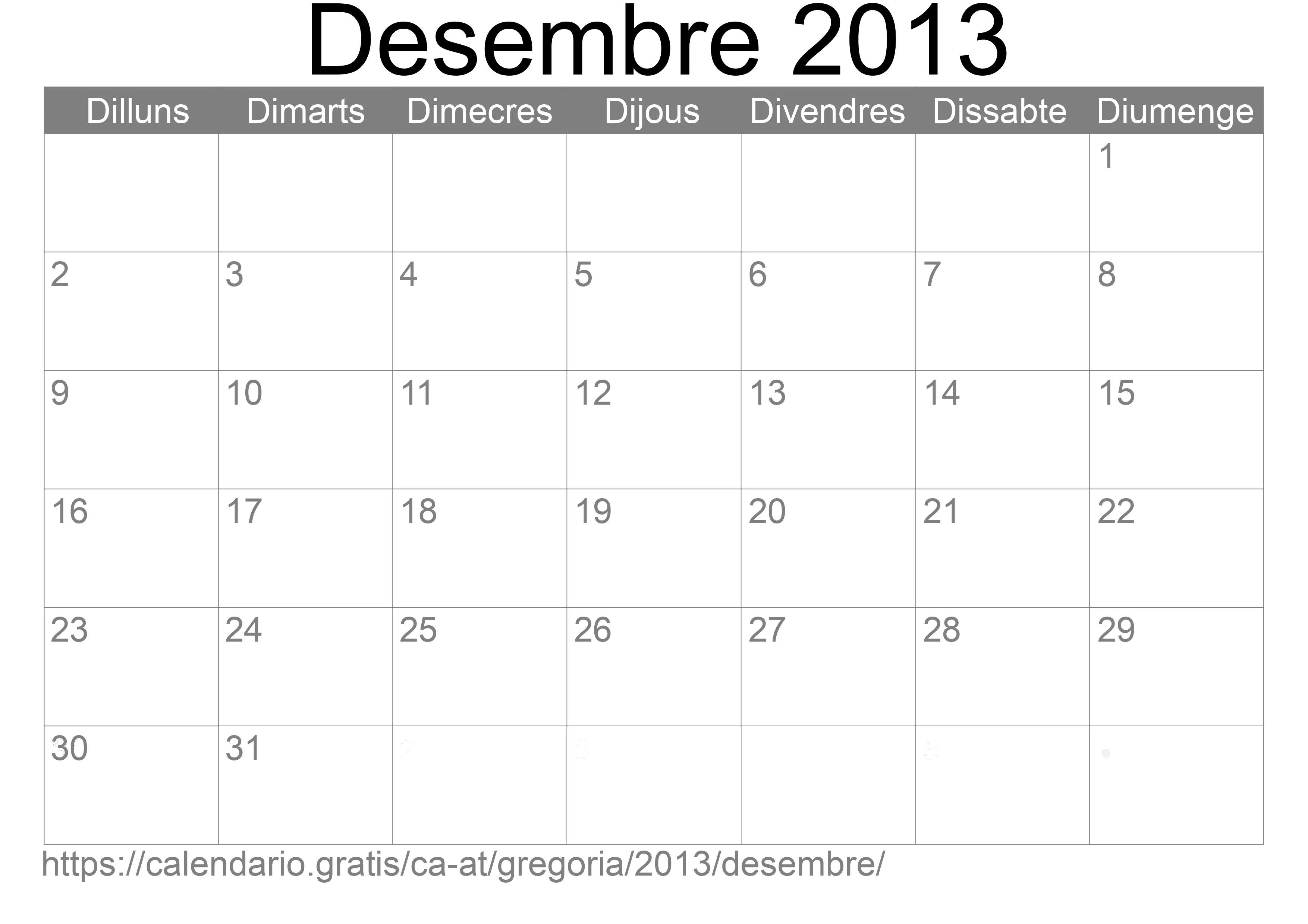 Calendari Desembre 2013 per imprimir (Àustria) Calendari Desembre 2013 per imprimir (Àustria)
