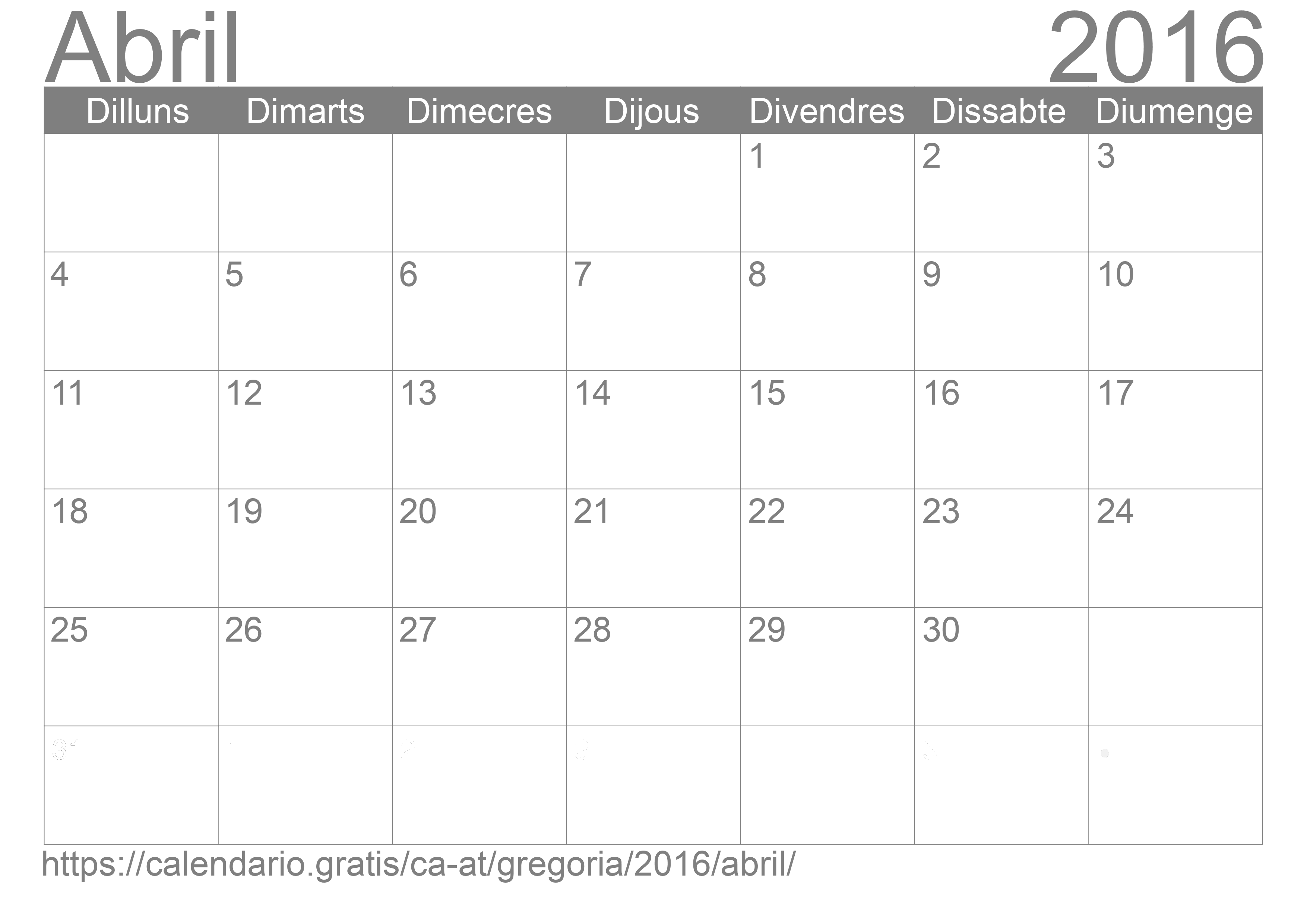 Calendari Abril 2016 per imprimir