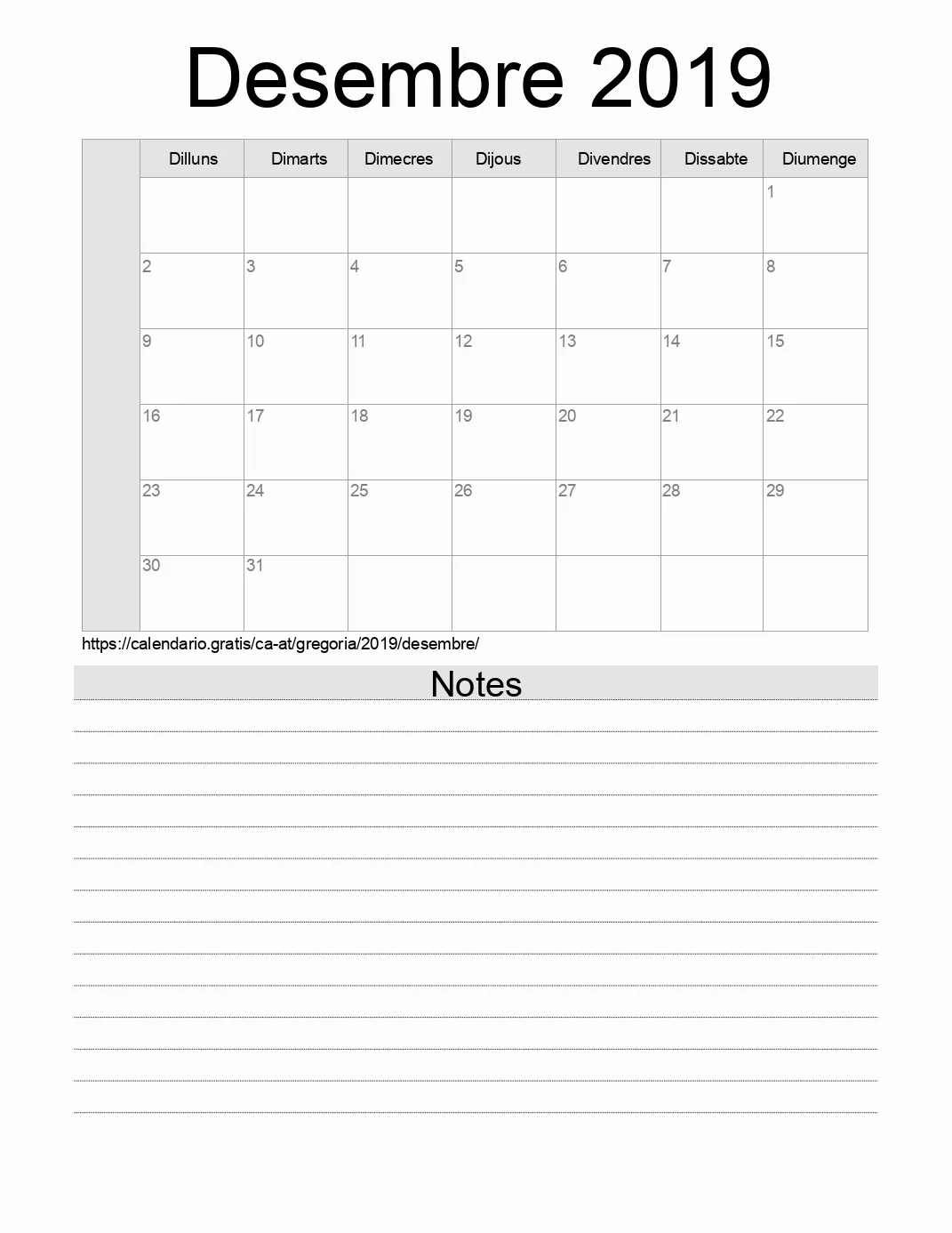 Calendari de Desembre 2019 per imprimir amb notes. (Àustria)
