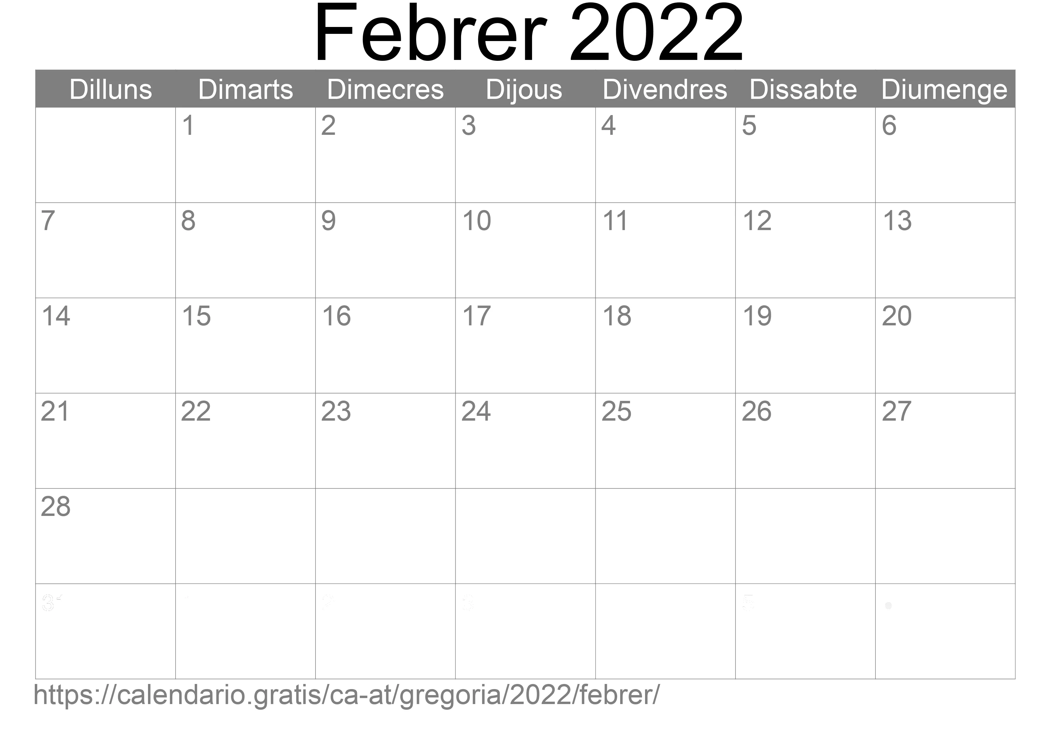 Calendari Febrer 2022 per imprimir (Àustria) Calendari Febrer 2022 per imprimir (Àustria)