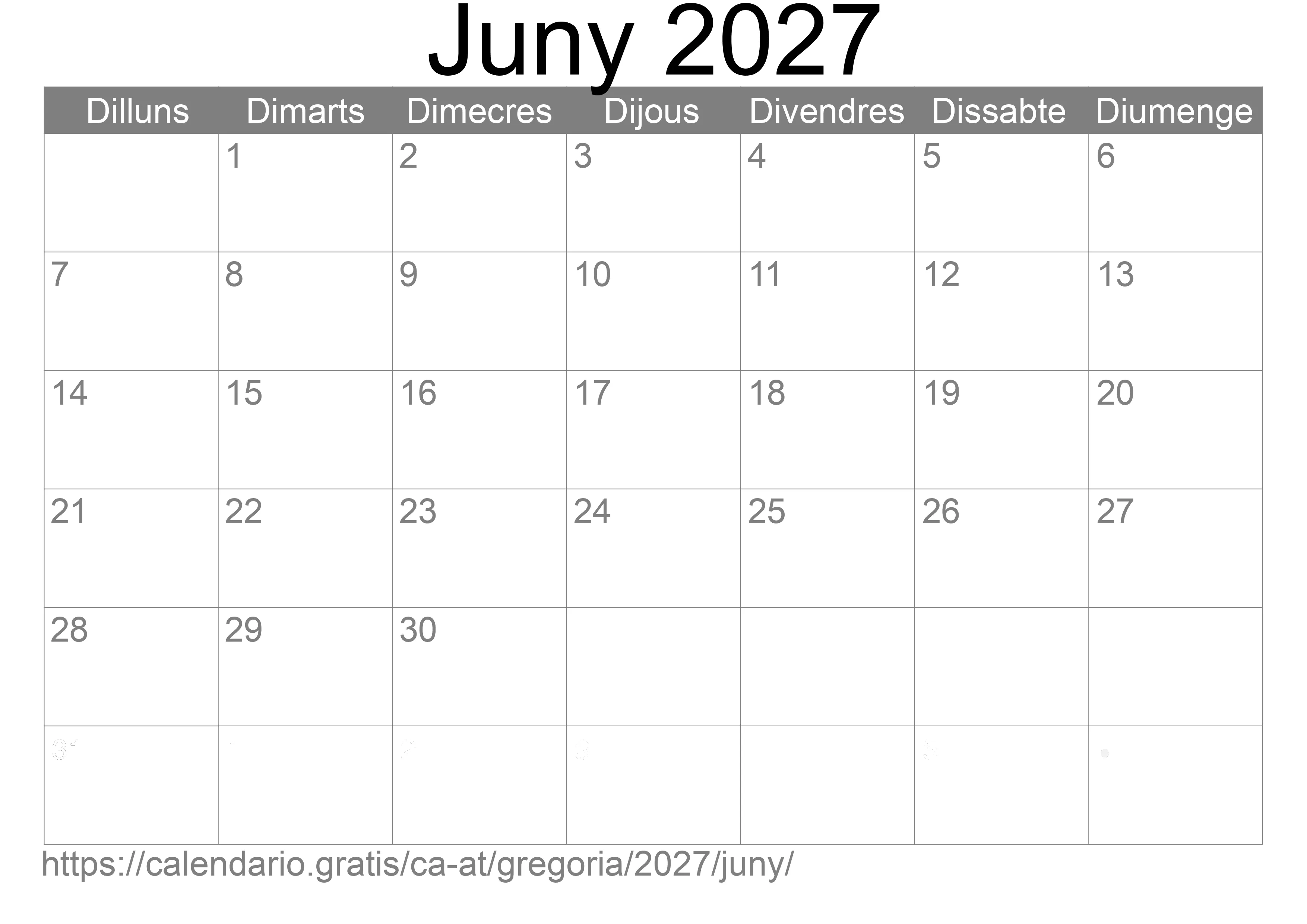 Calendari Juny 2027 per imprimir (Àustria) Calendari Juny 2027 per imprimir (Àustria)