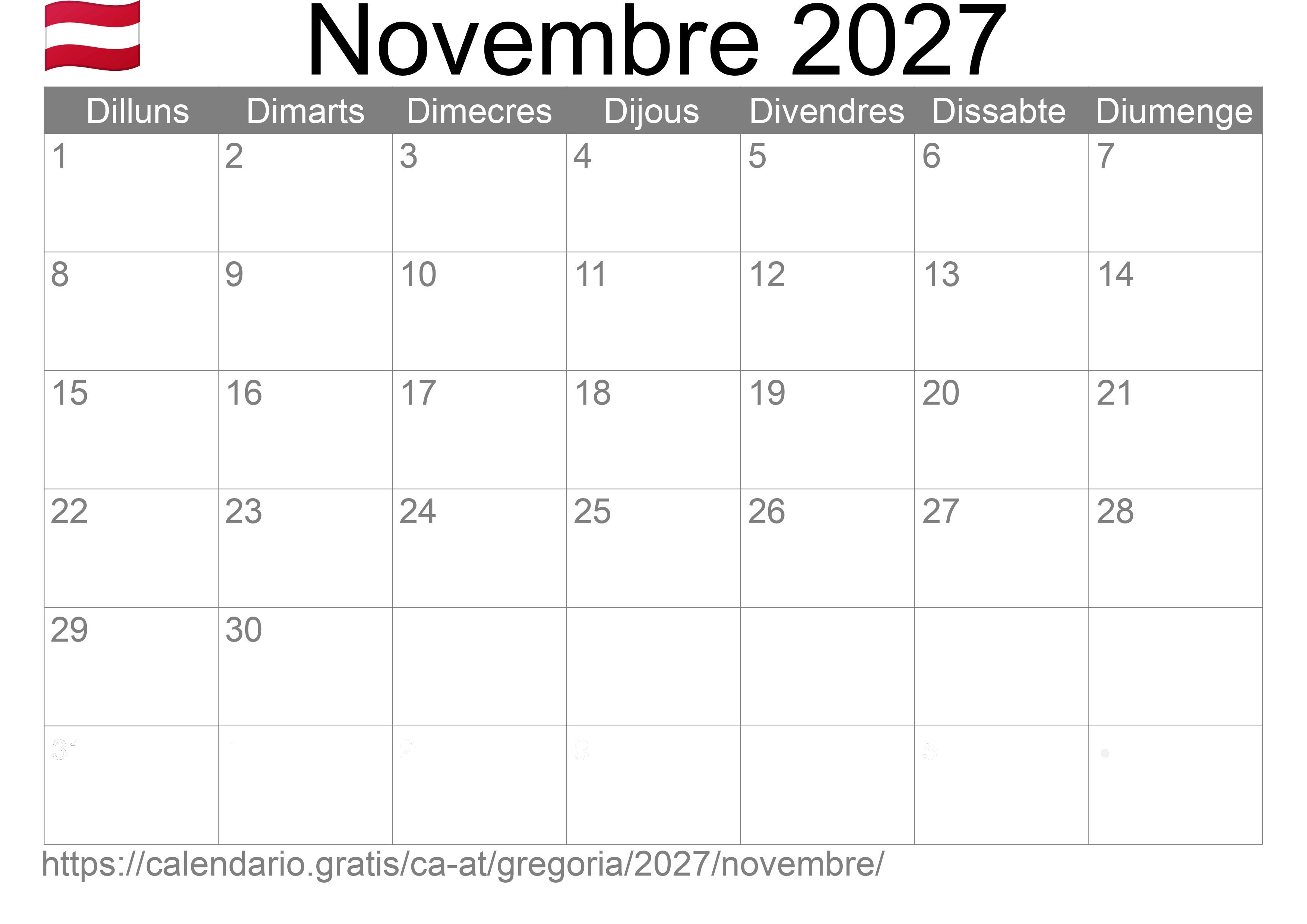 Calendari Novembre 2027 per imprimir