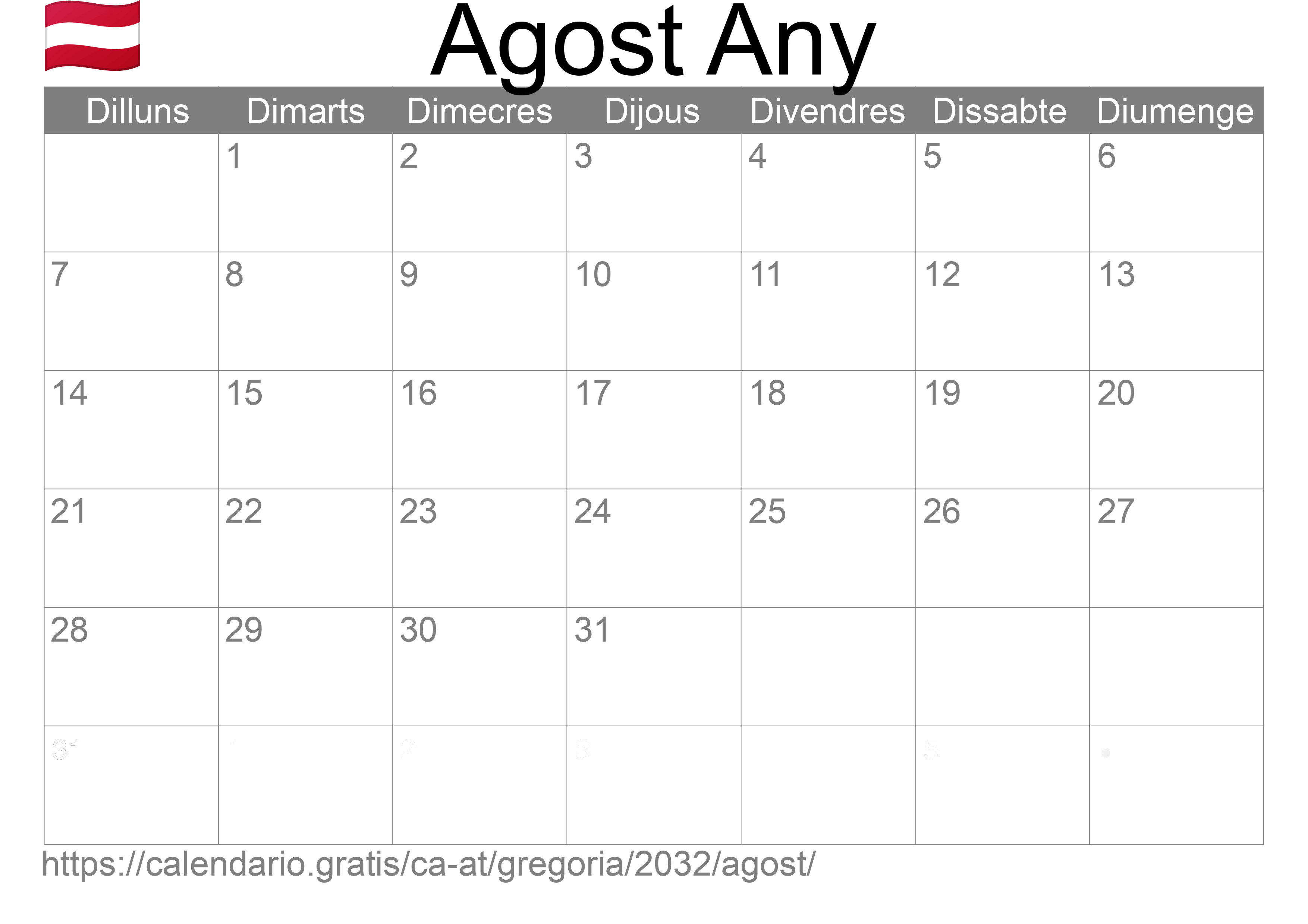 Calendari Agost 2032 per imprimir