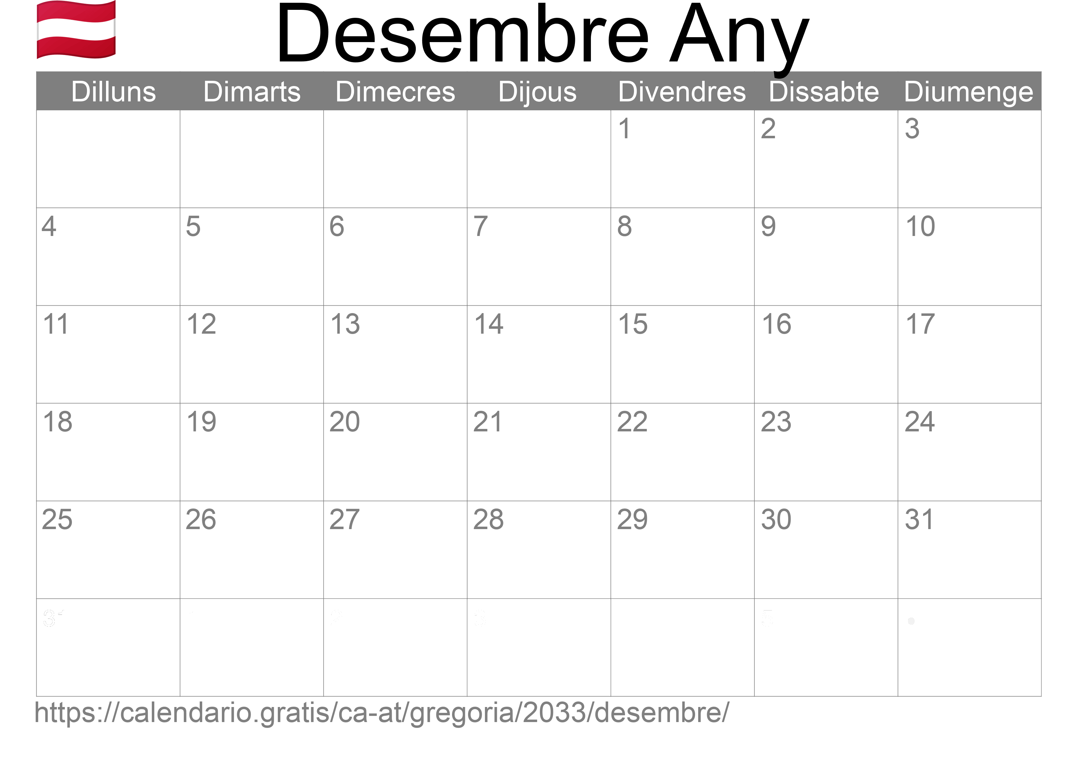 Calendari Desembre 2033 per imprimir