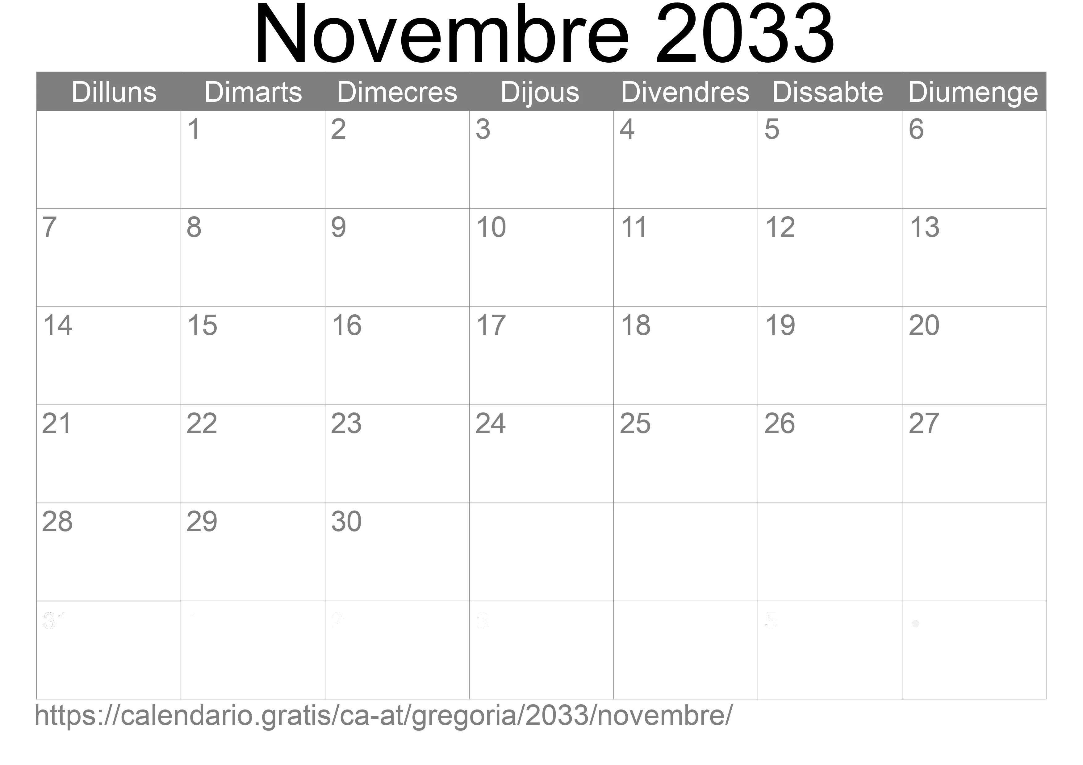 Calendari Novembre 2033 per imprimir (Àustria)
