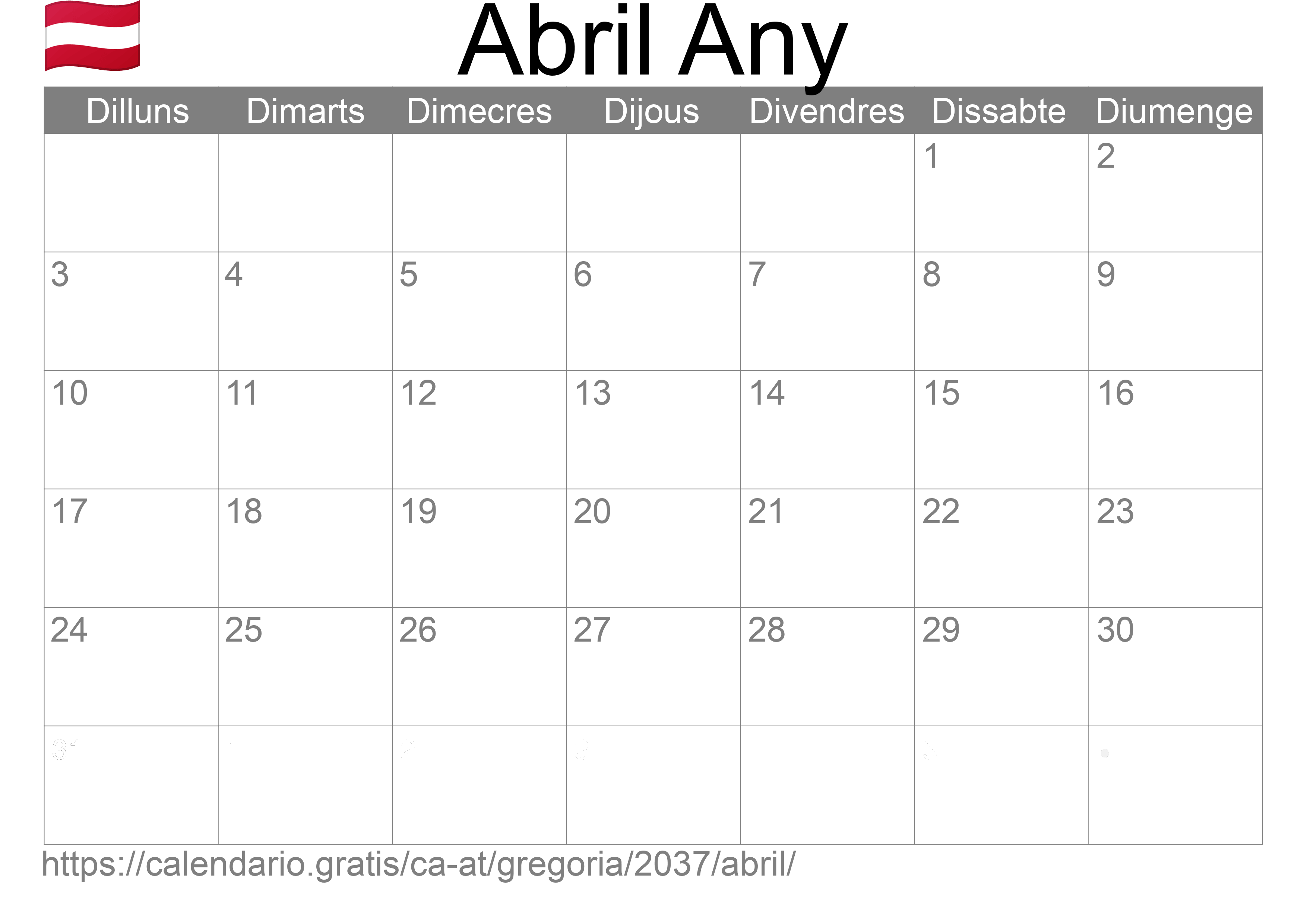 Calendari Abril 2037 per imprimir