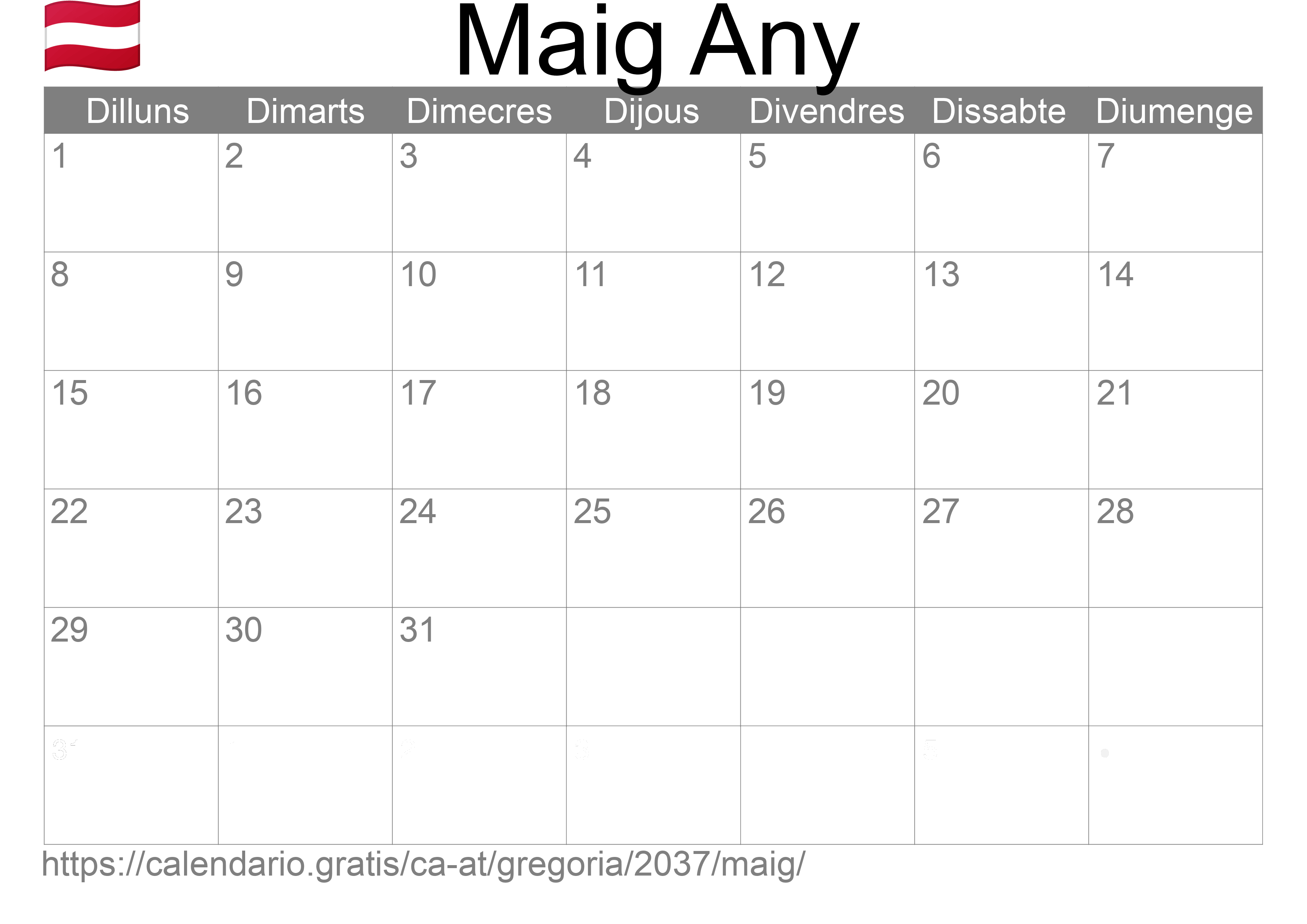 Calendari Maig 2037 per imprimir