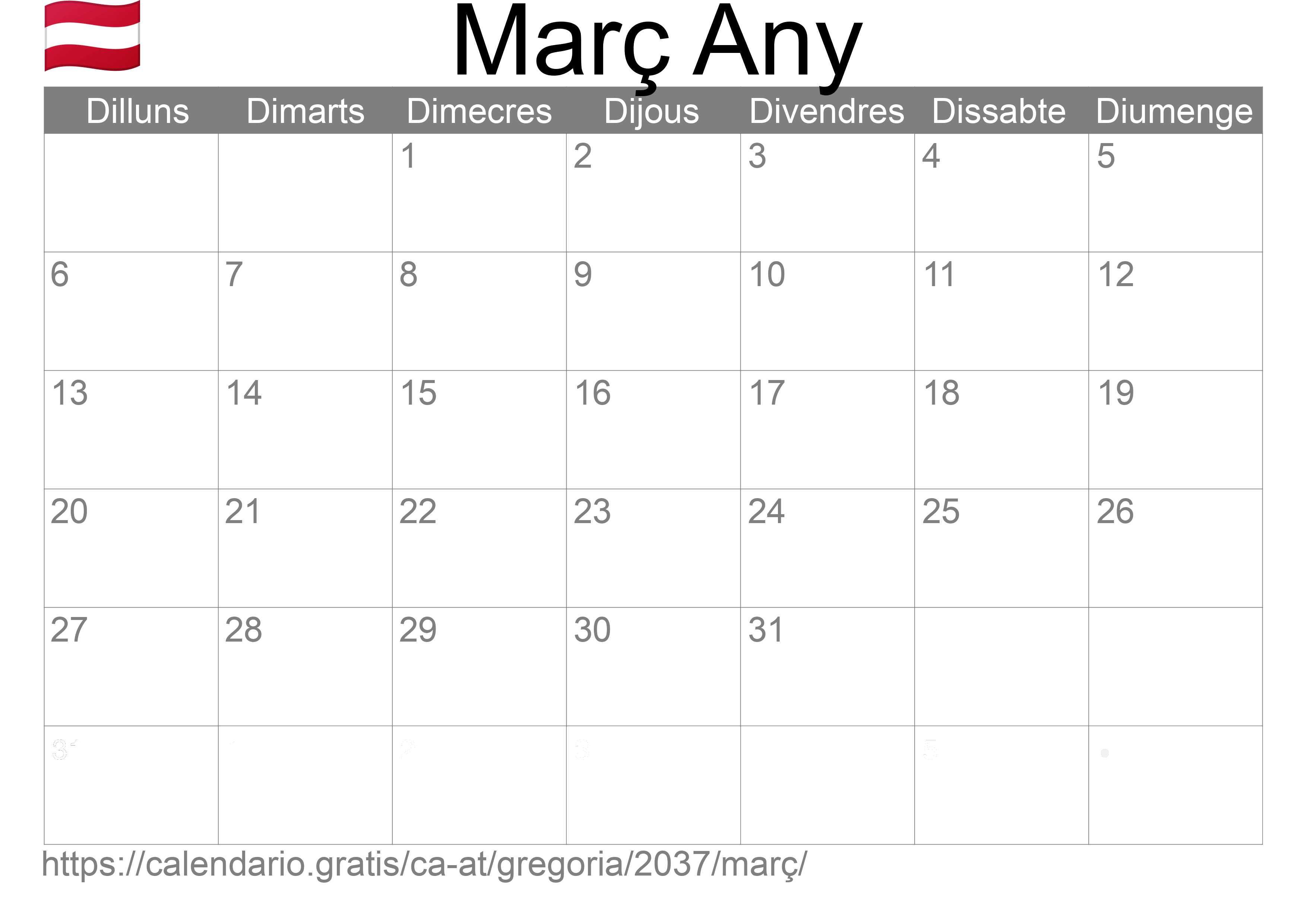 Calendari Març 2037 per imprimir