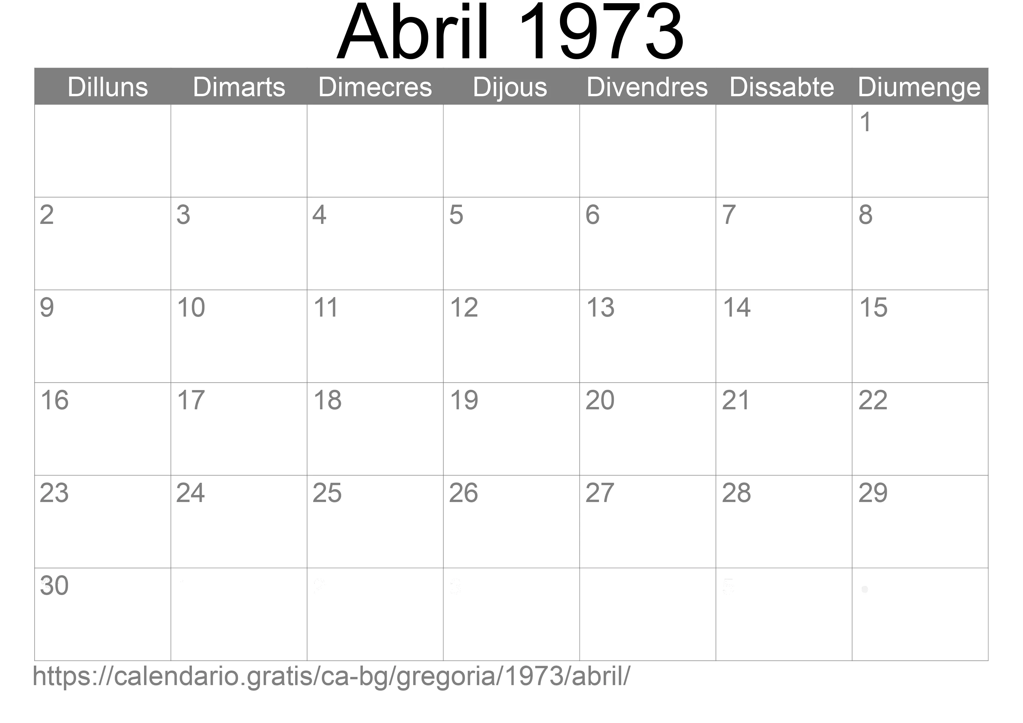 Calendari Abril 1973 per imprimir (Bulgària)