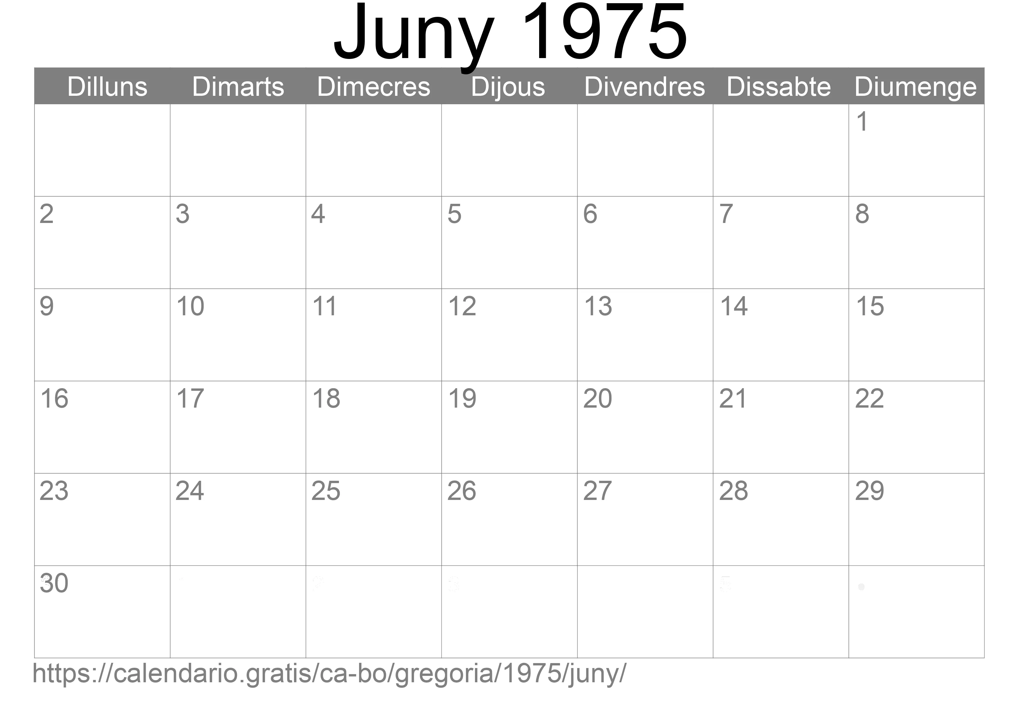 Calendari Juny 1975 per imprimir (Bolívia)