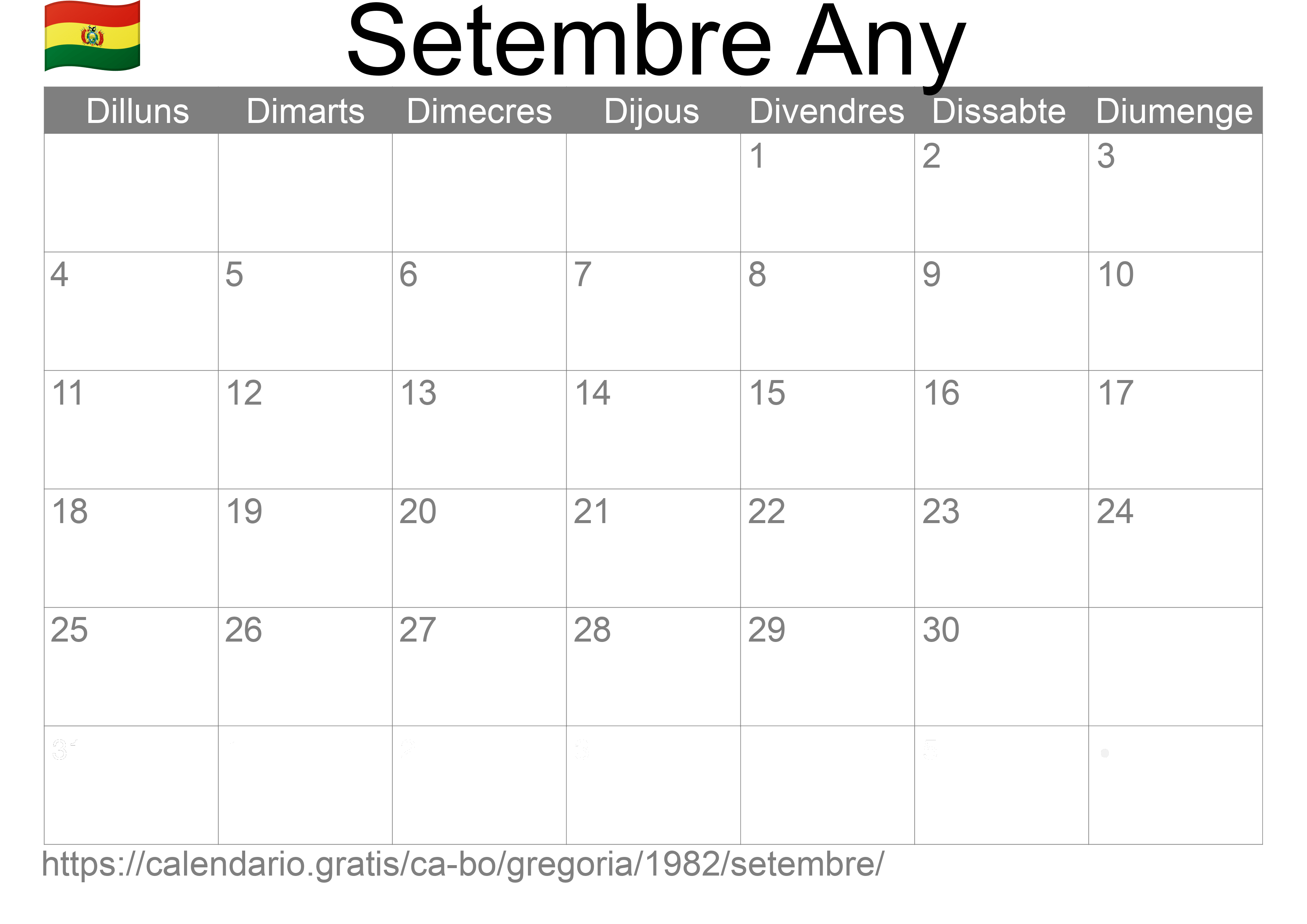 Calendari Setembre 1982 per imprimir