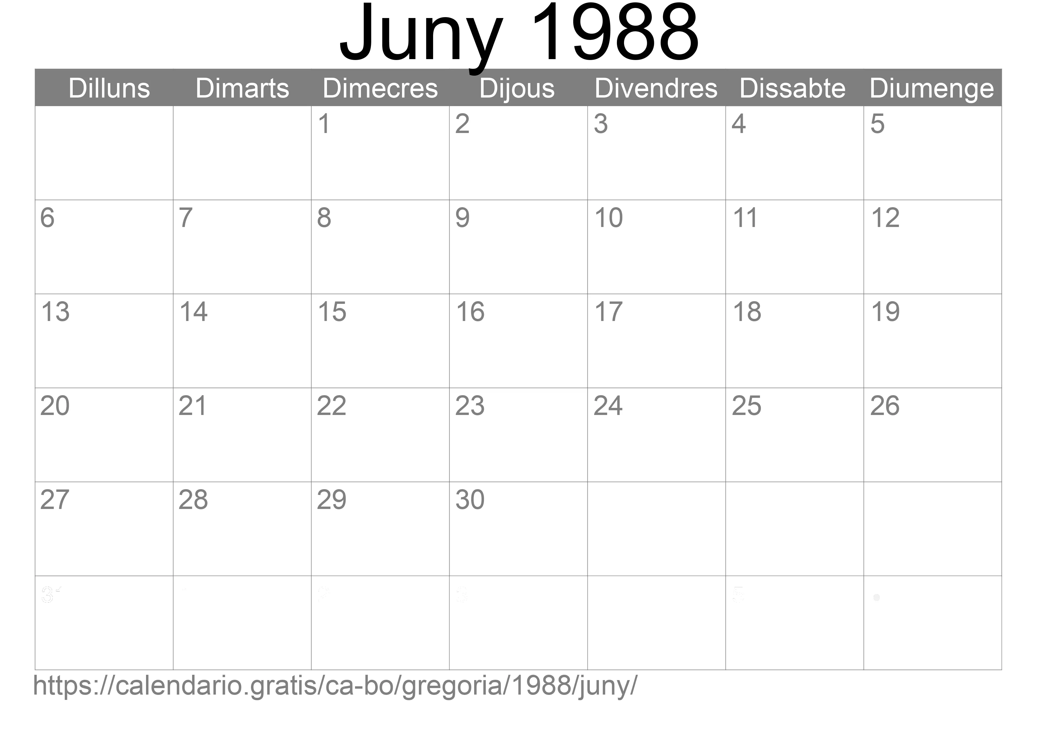 Calendari Juny 1988 per imprimir (Bolívia)