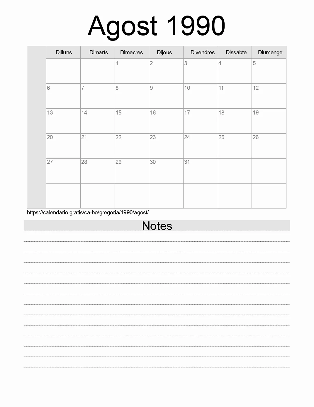 Calendari de Agost 1990 per imprimir amb notes. (Bolívia)