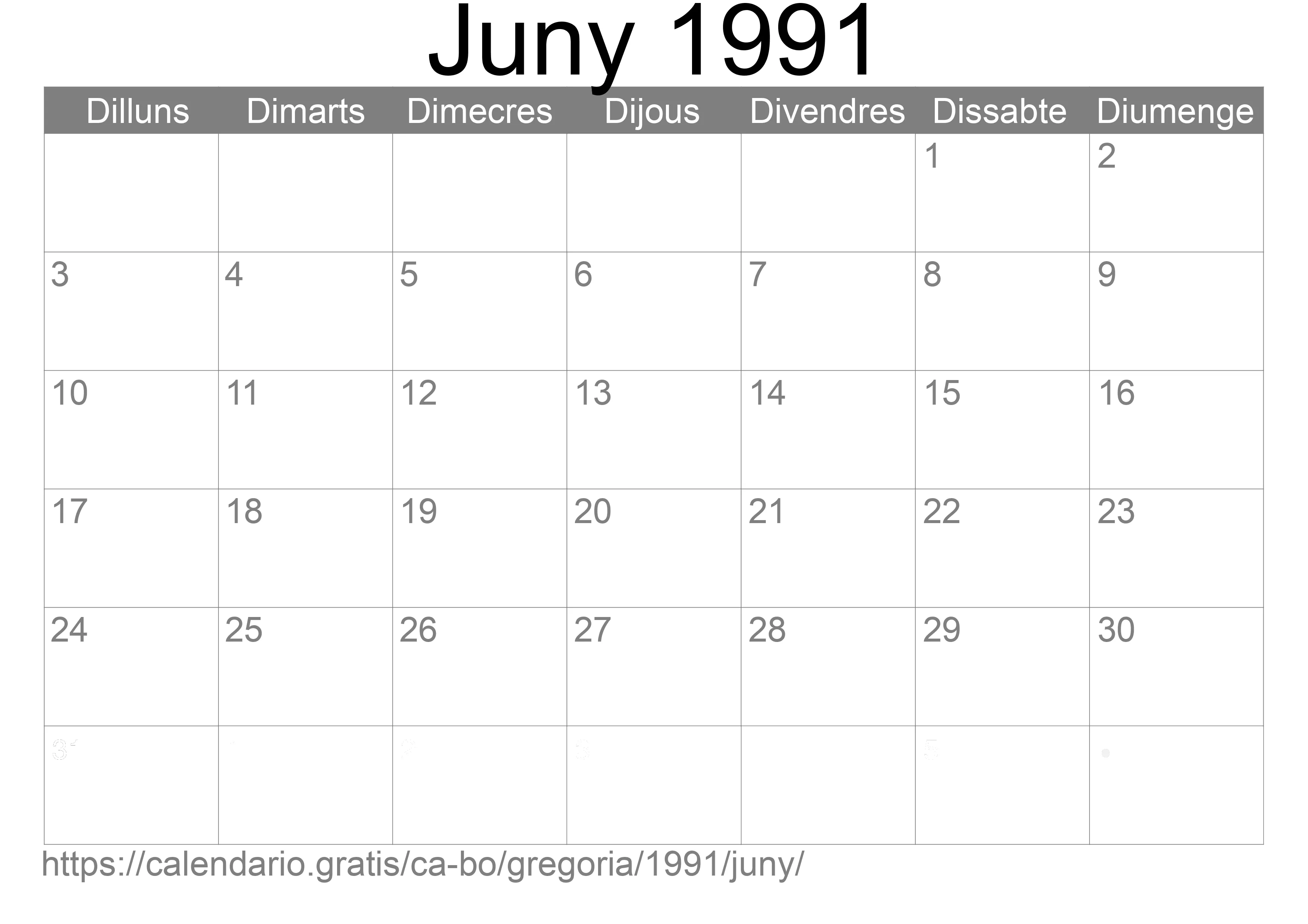 Calendari Juny 1991 per imprimir (Bolívia)