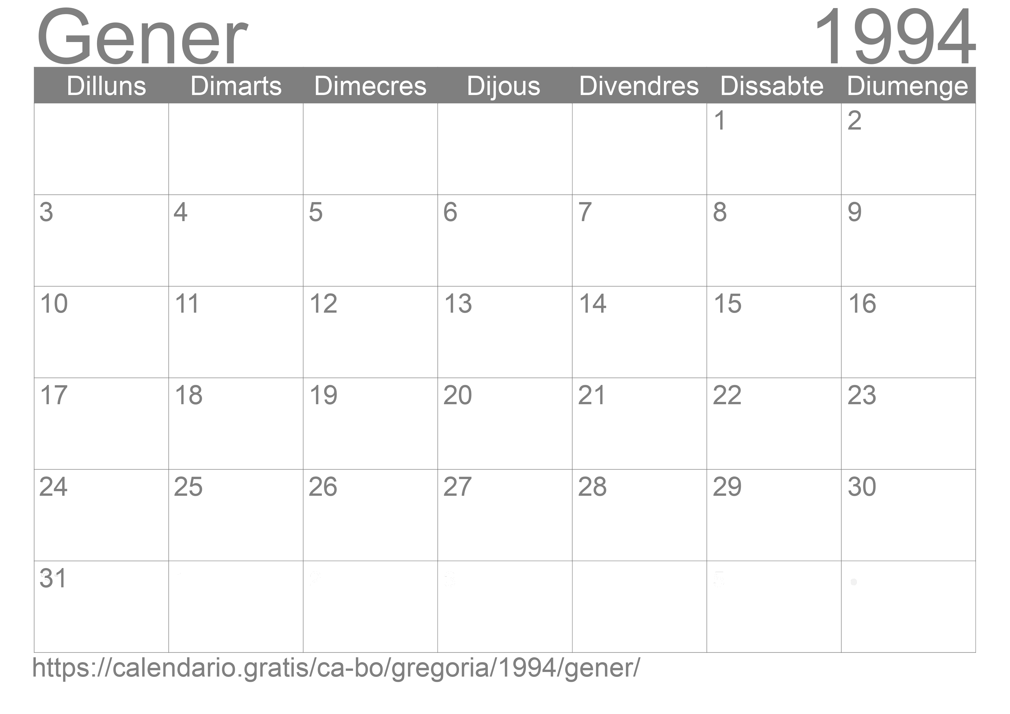 Calendari Gener 1994 per imprimir