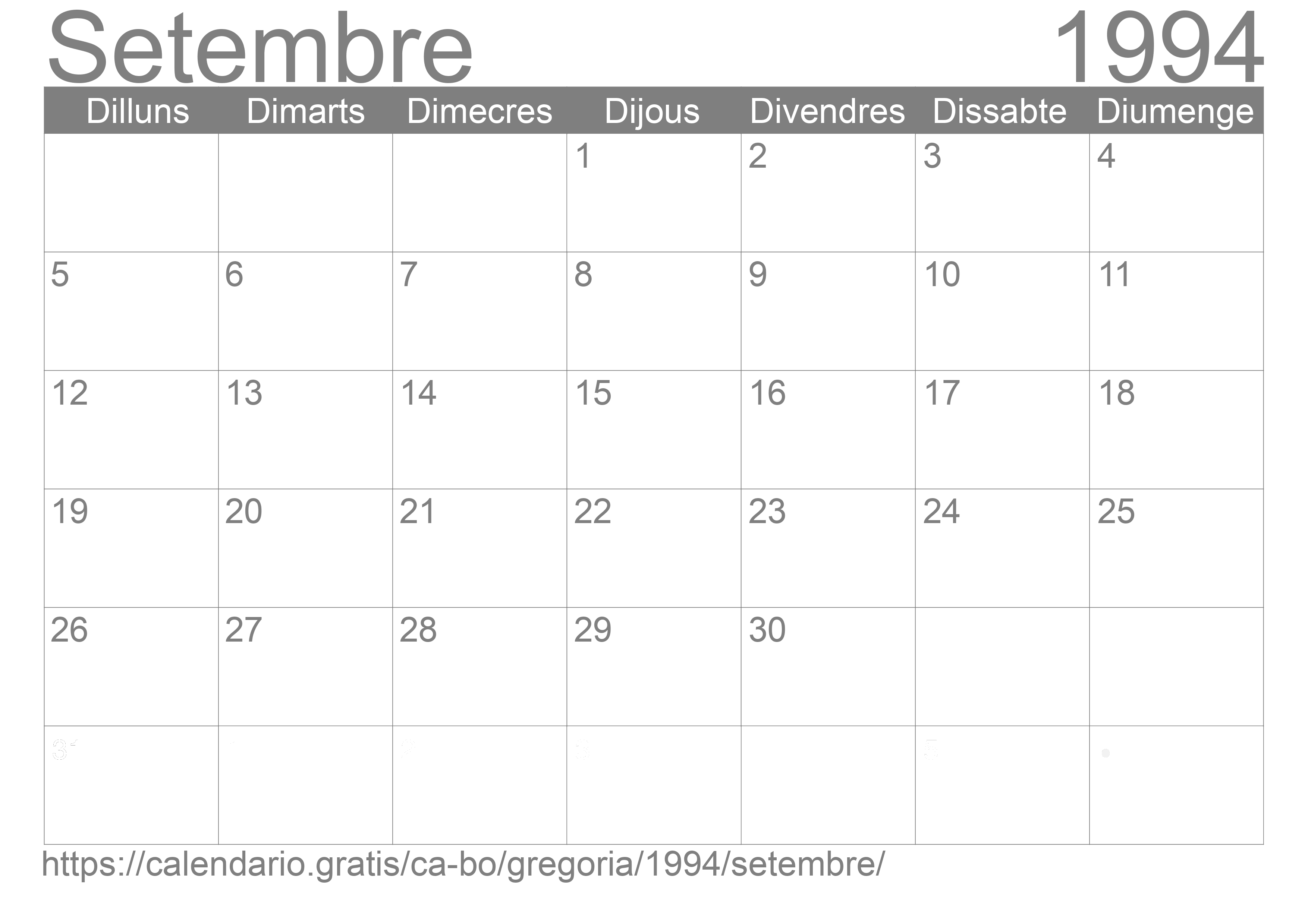 Calendari Setembre 1994 per imprimir