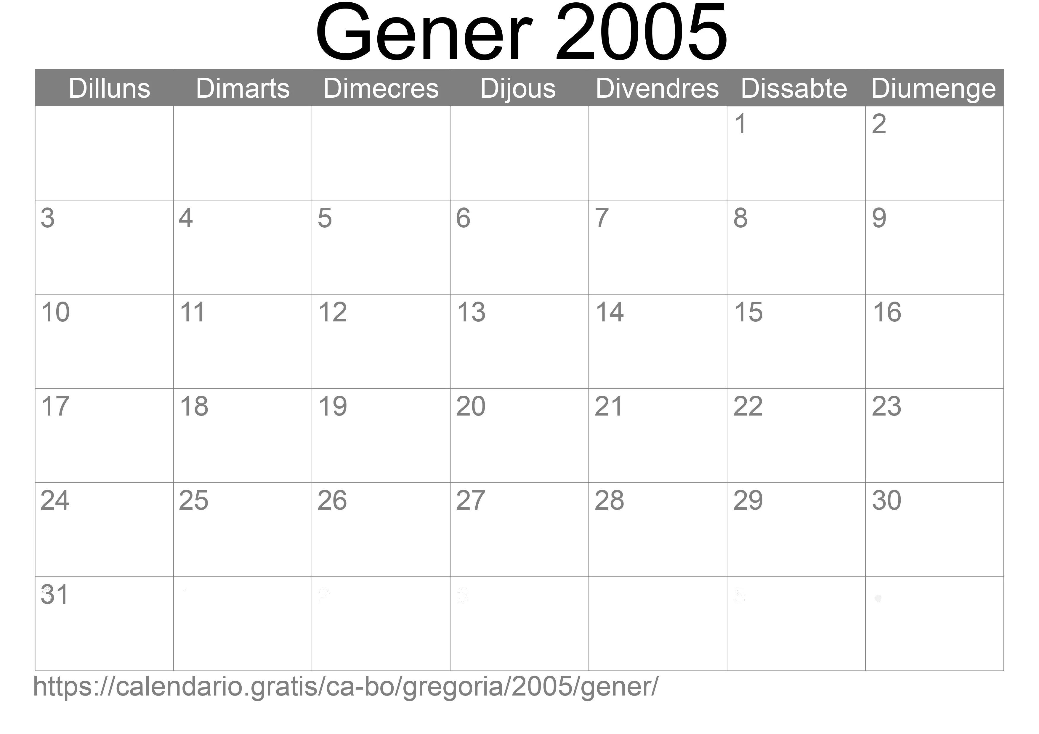 Calendari Gener 2005 per imprimir (Bolívia)