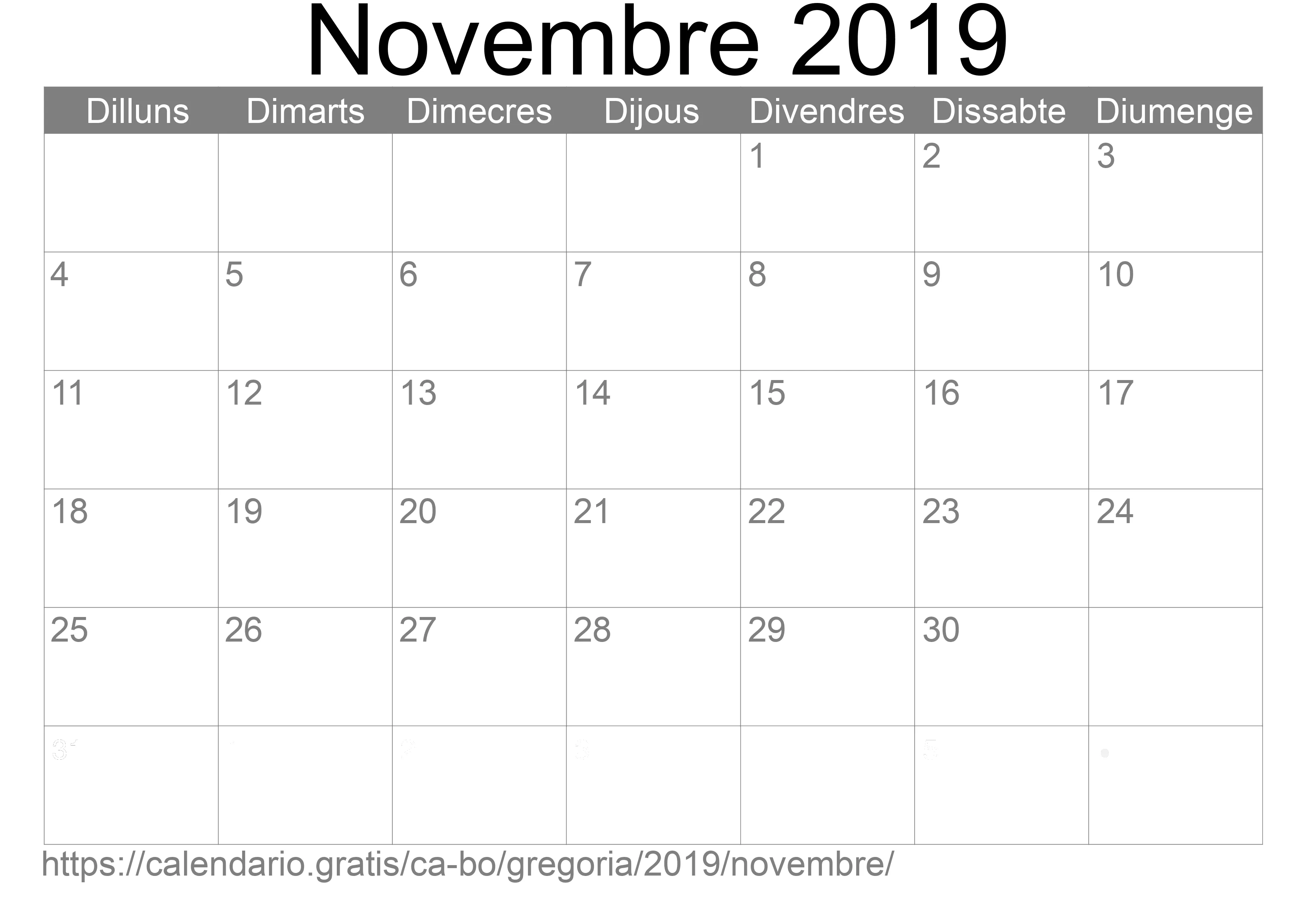 Calendari Novembre 2019 per imprimir (Bolívia)
