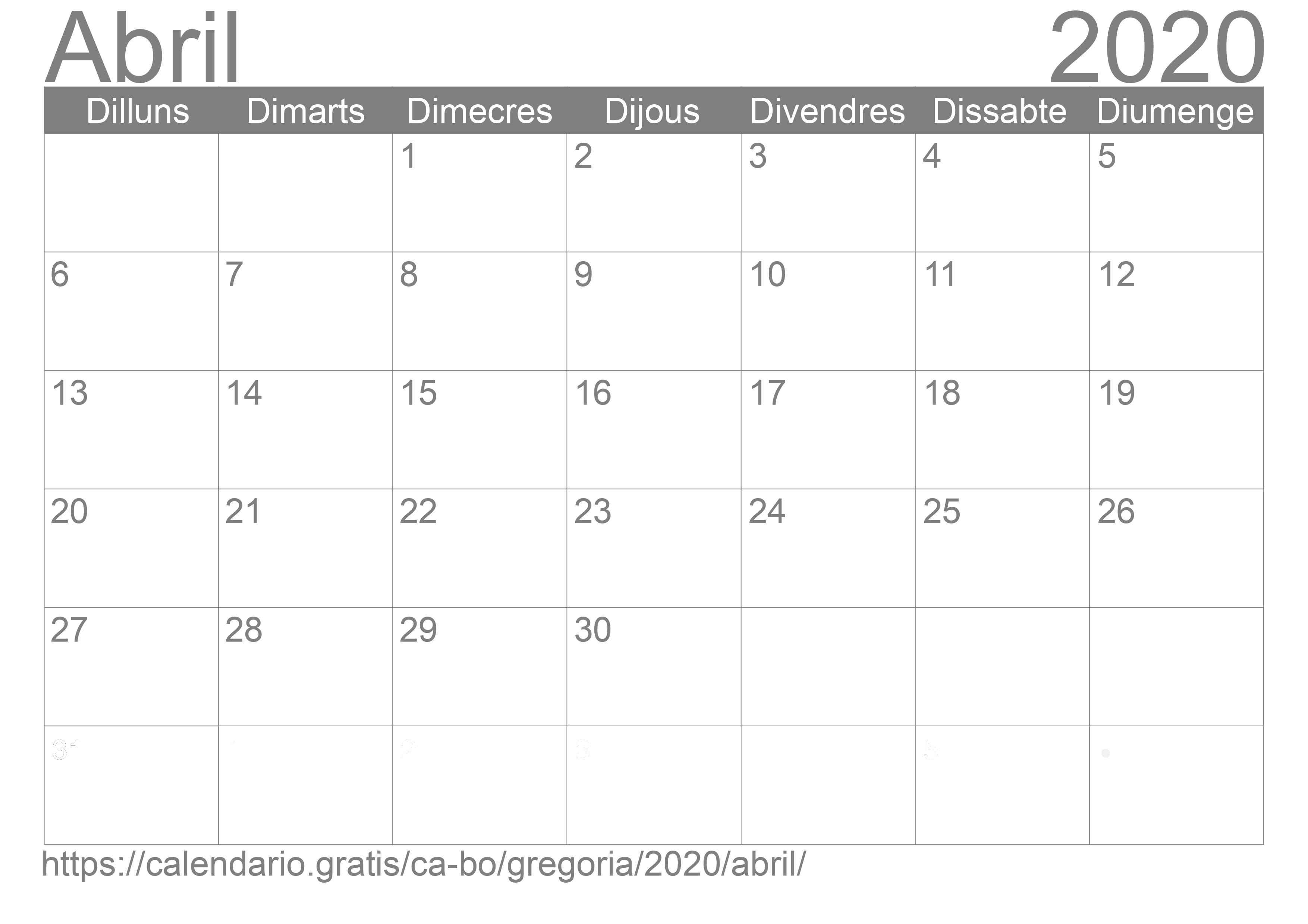 Calendari Abril 2020 per imprimir