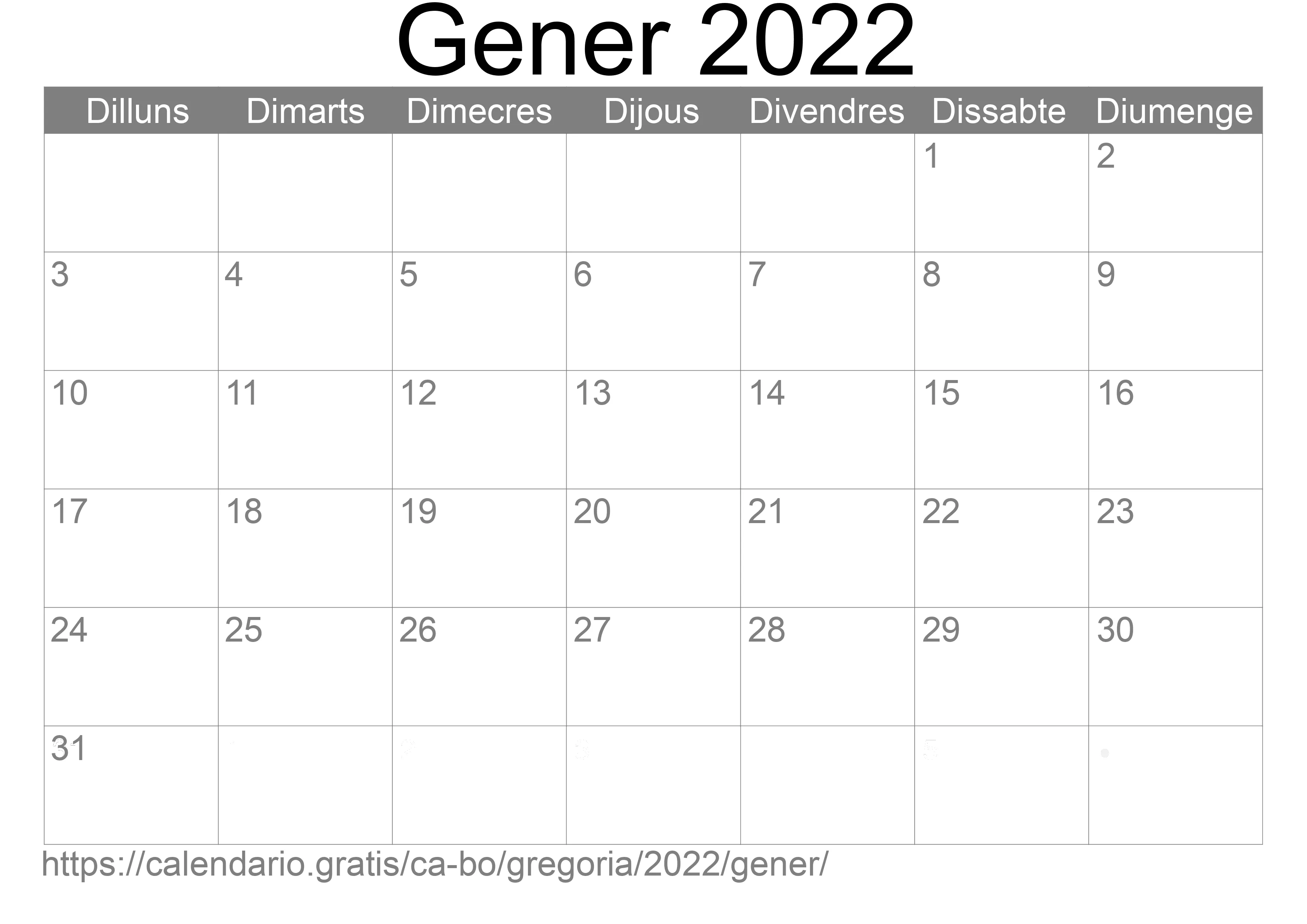 Calendari Gener 2022 per imprimir (Bolívia) Calendari Gener 2022 per imprimir (Bolívia)