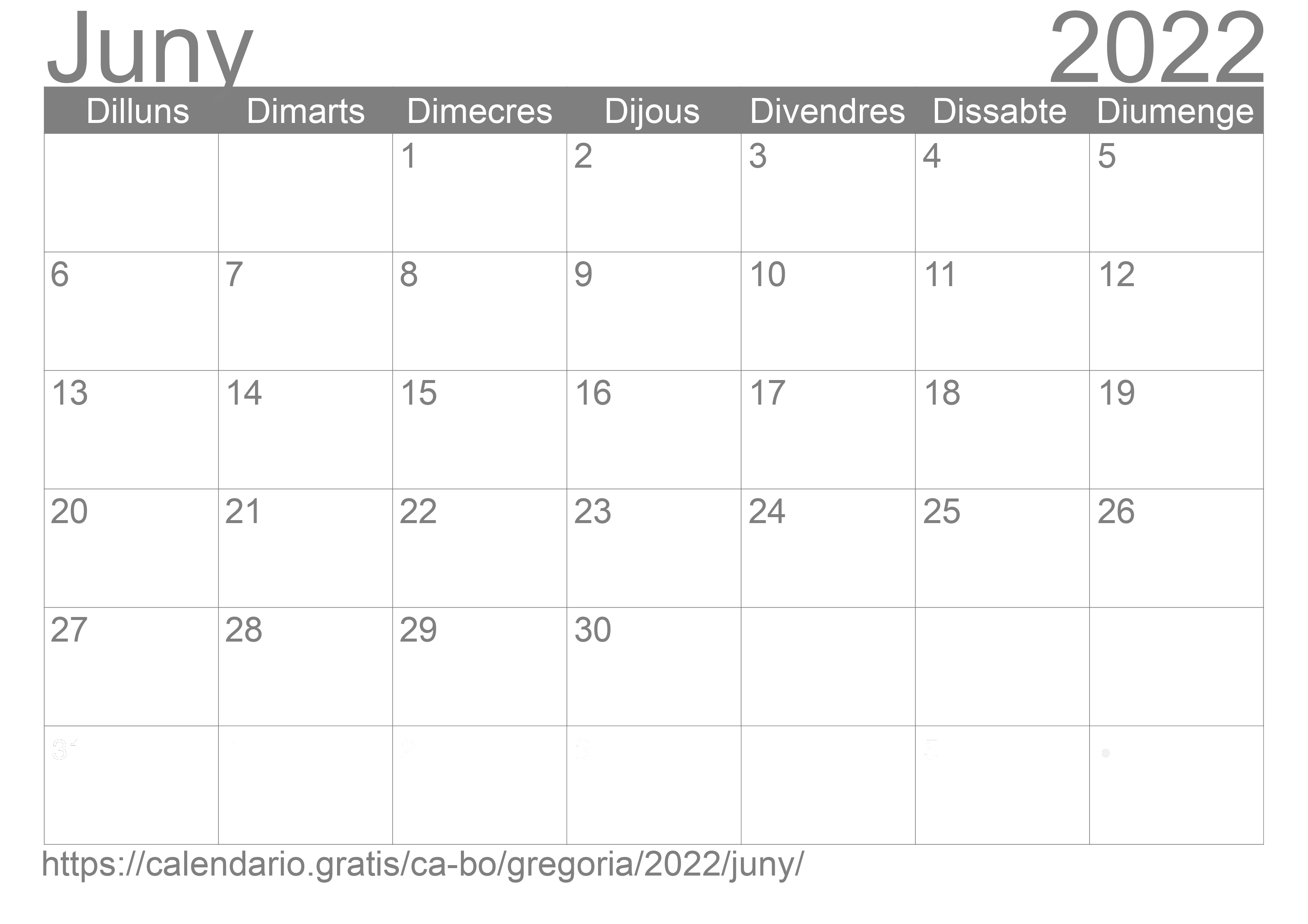 Calendari Juny 2022 per imprimir