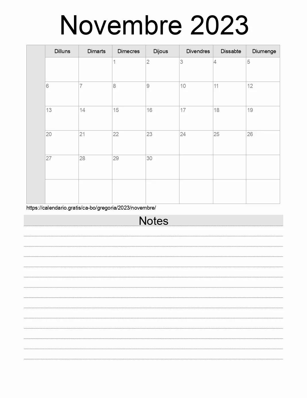 Calendari de Novembre 2023 per imprimir amb notes. (Bolívia)