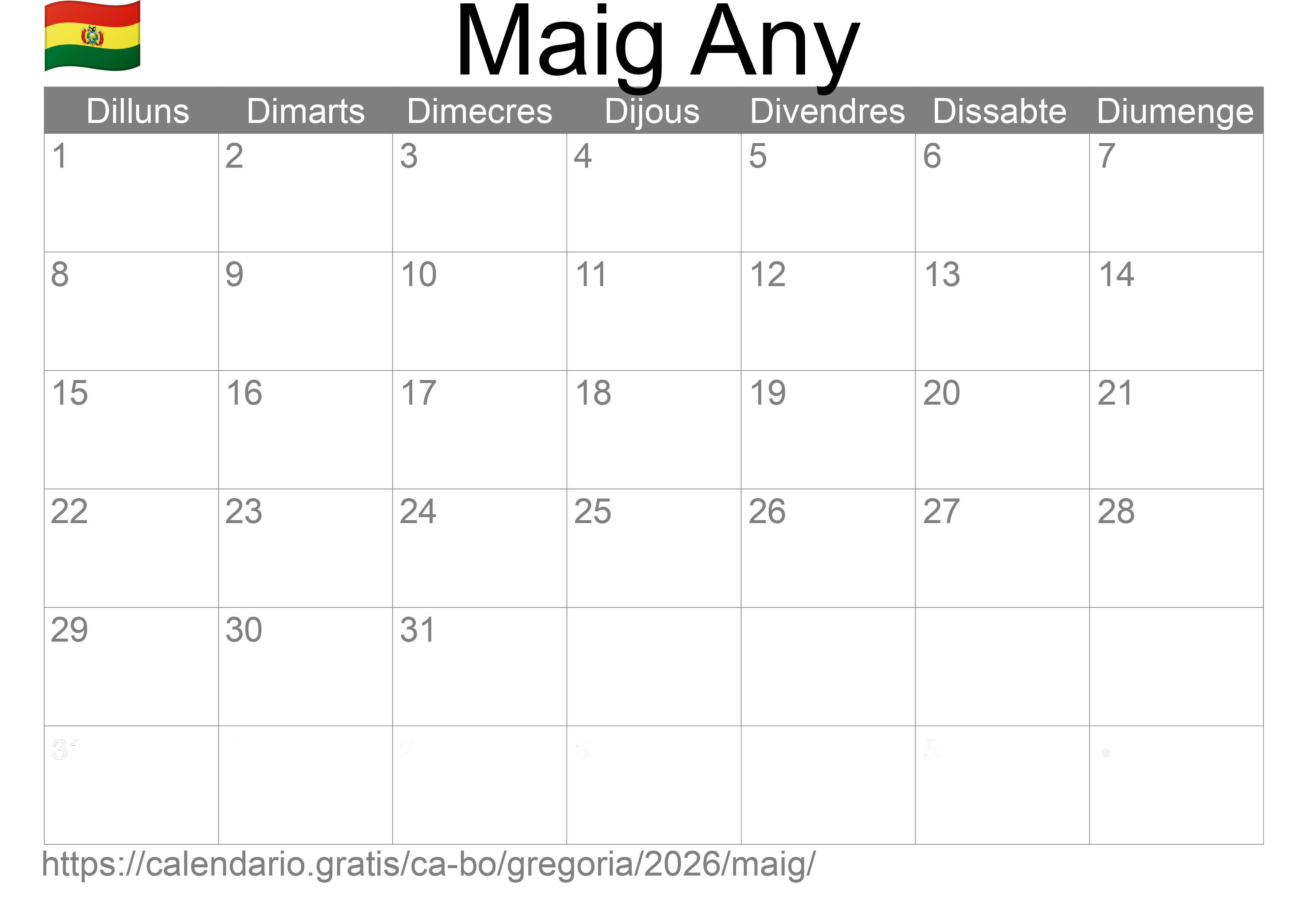 Calendari Maig 2026 per imprimir