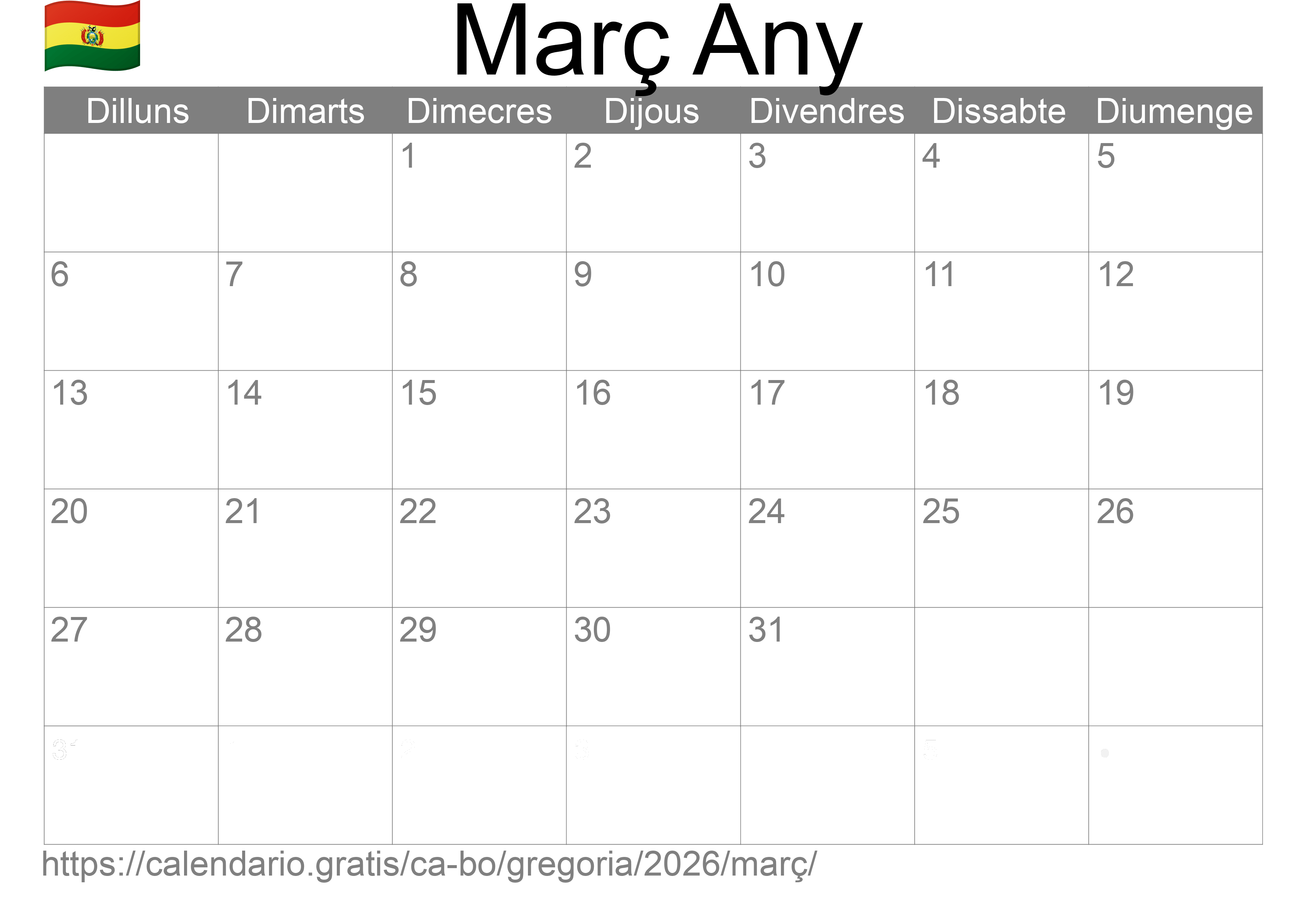 Calendari Març 2026 per imprimir