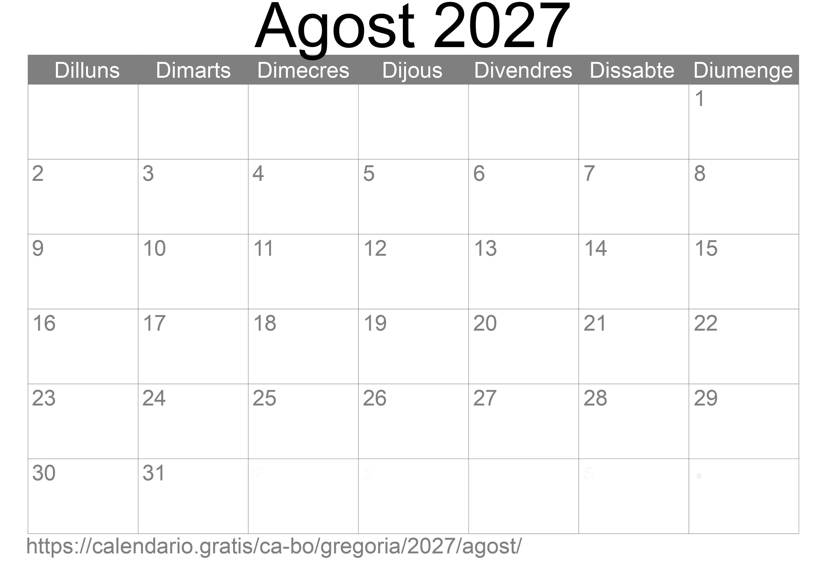 Calendari Agost 2027 per imprimir (Bolívia)