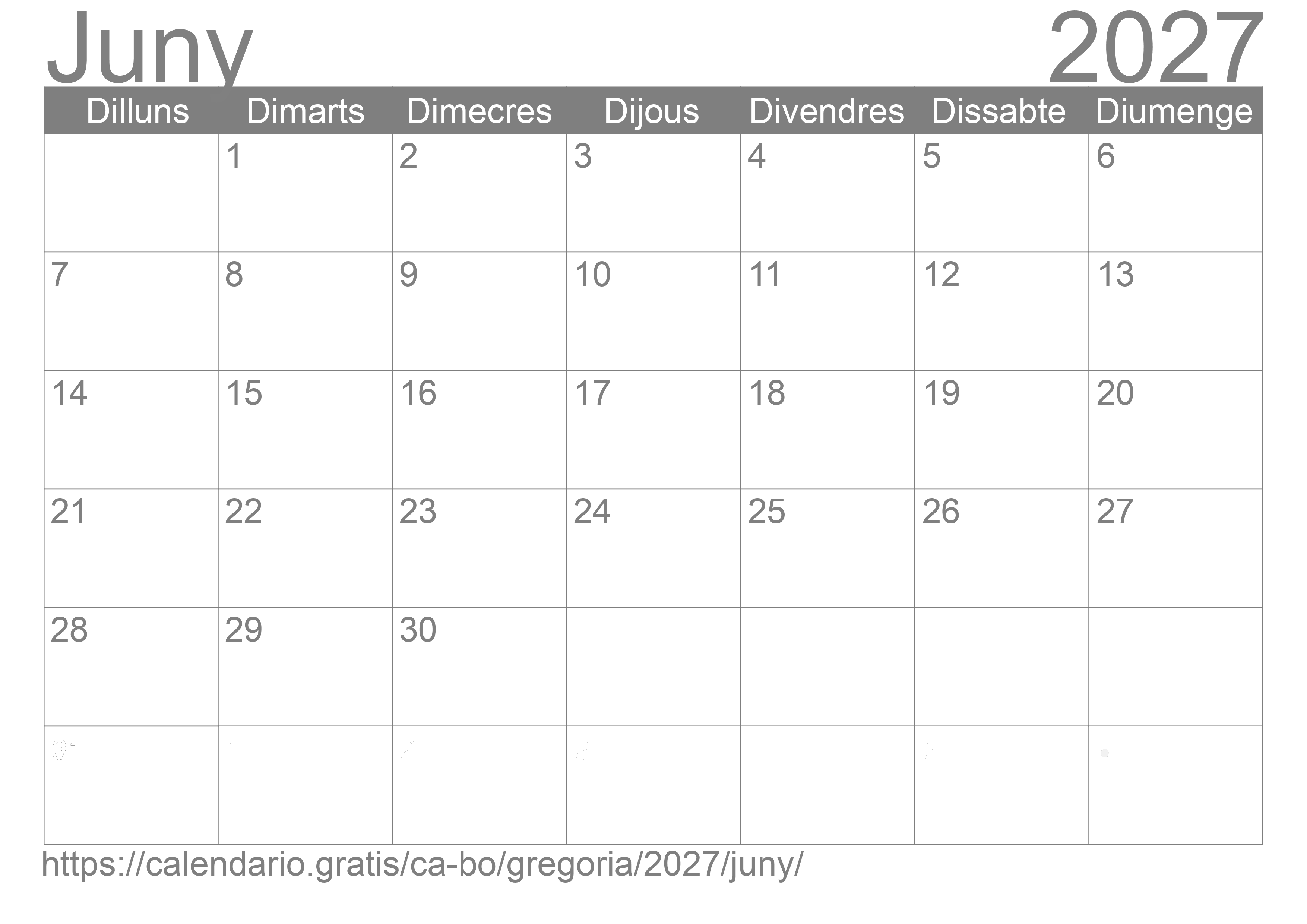 Calendari Juny 2027 per imprimir