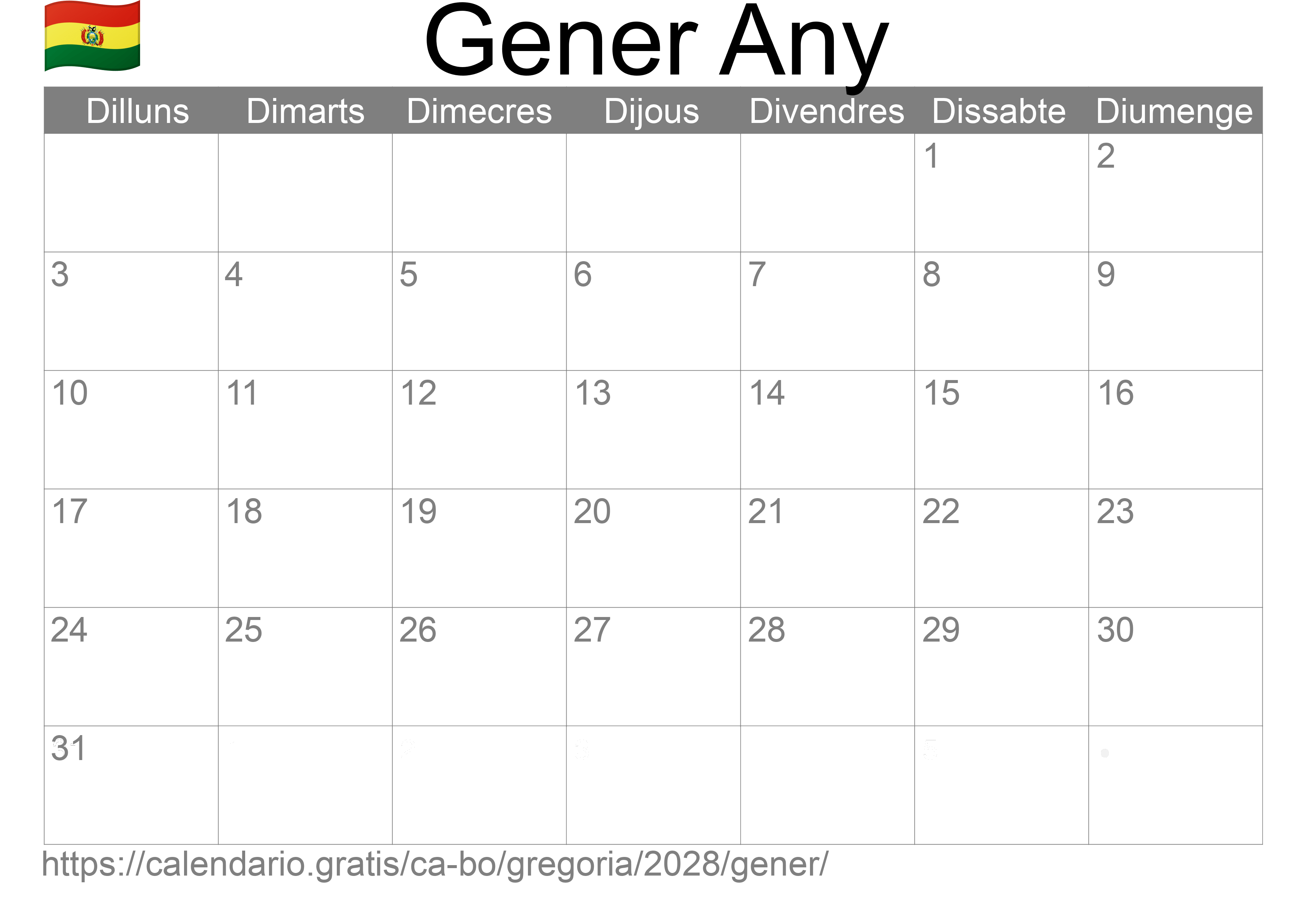 Calendari Gener 2028 per imprimir