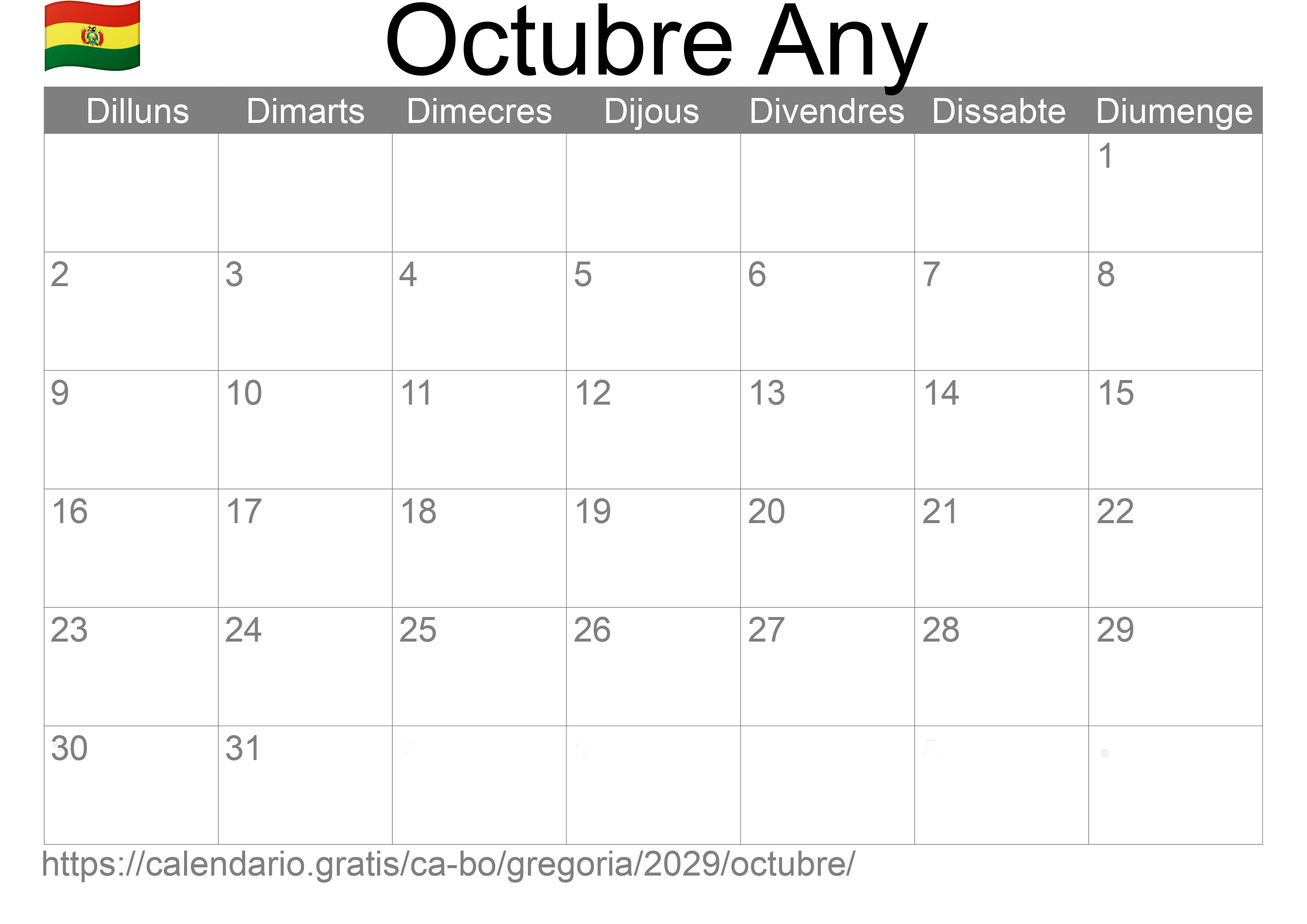 Calendari Octubre 2029 per imprimir