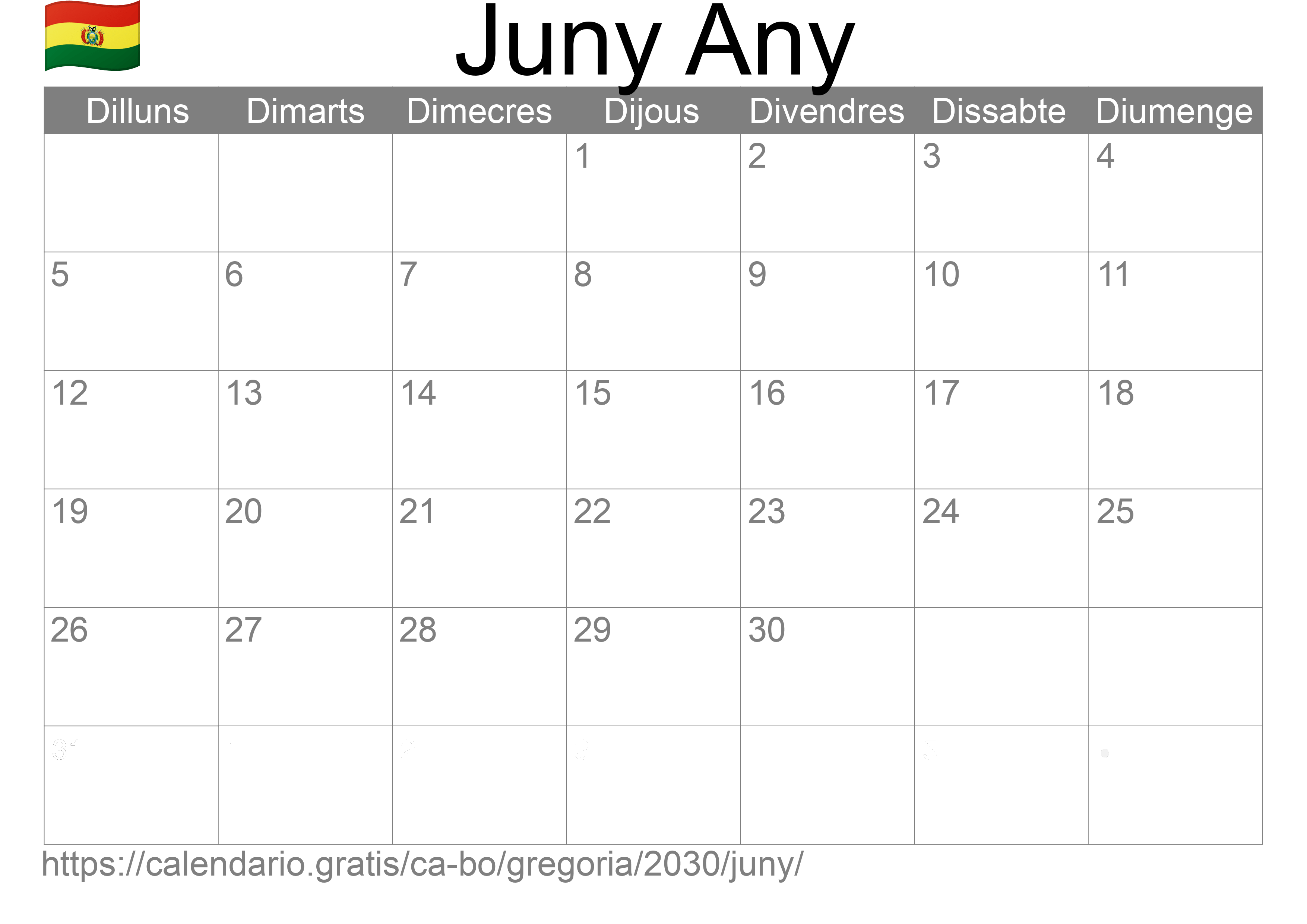 Calendari Juny 2030 per imprimir